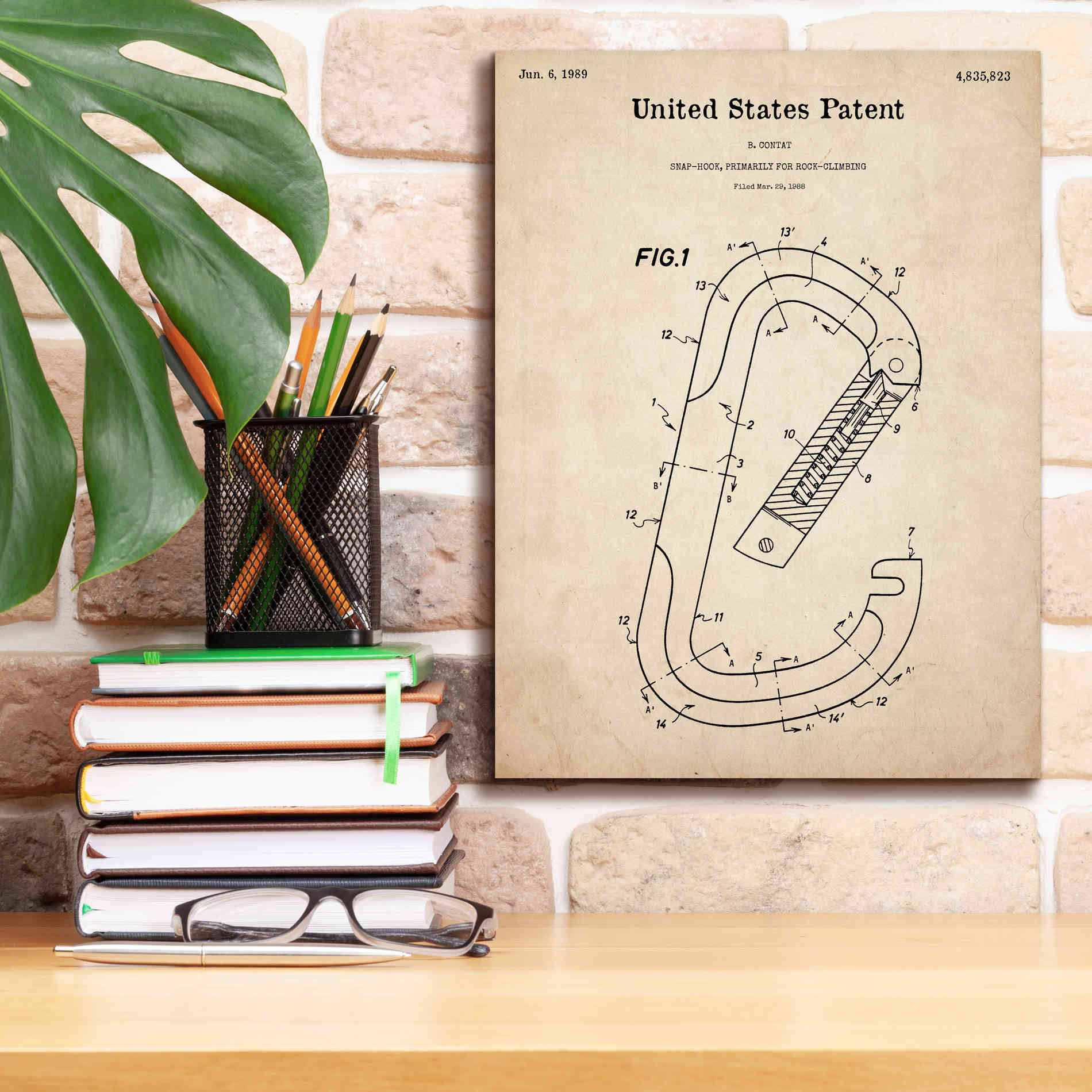 'Climbing Hook Blueprint Patent Parchment,' Canvas Wall Art,12 x 16