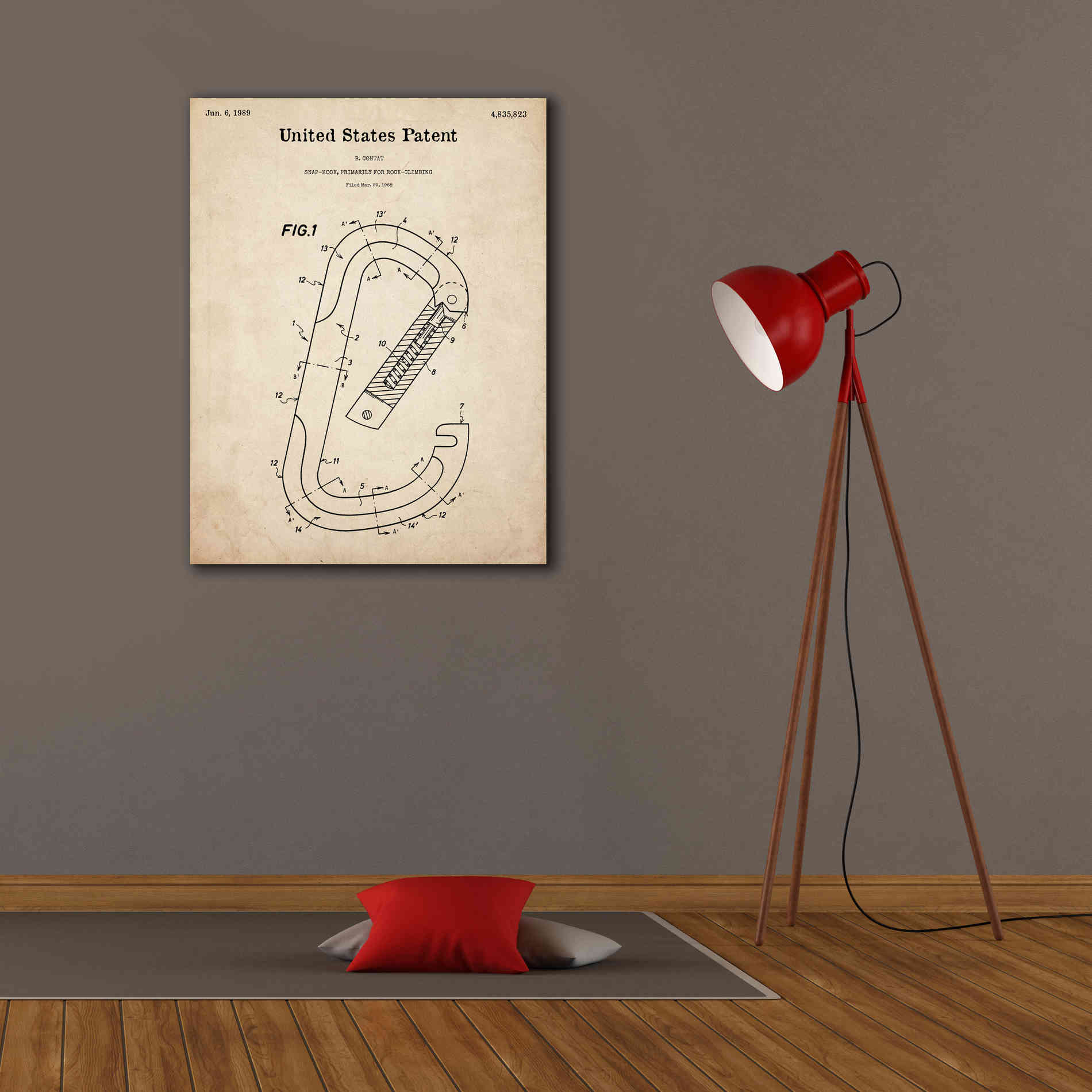 'Climbing Hook Blueprint Patent Parchment,' Canvas Wall Art,26 x 34