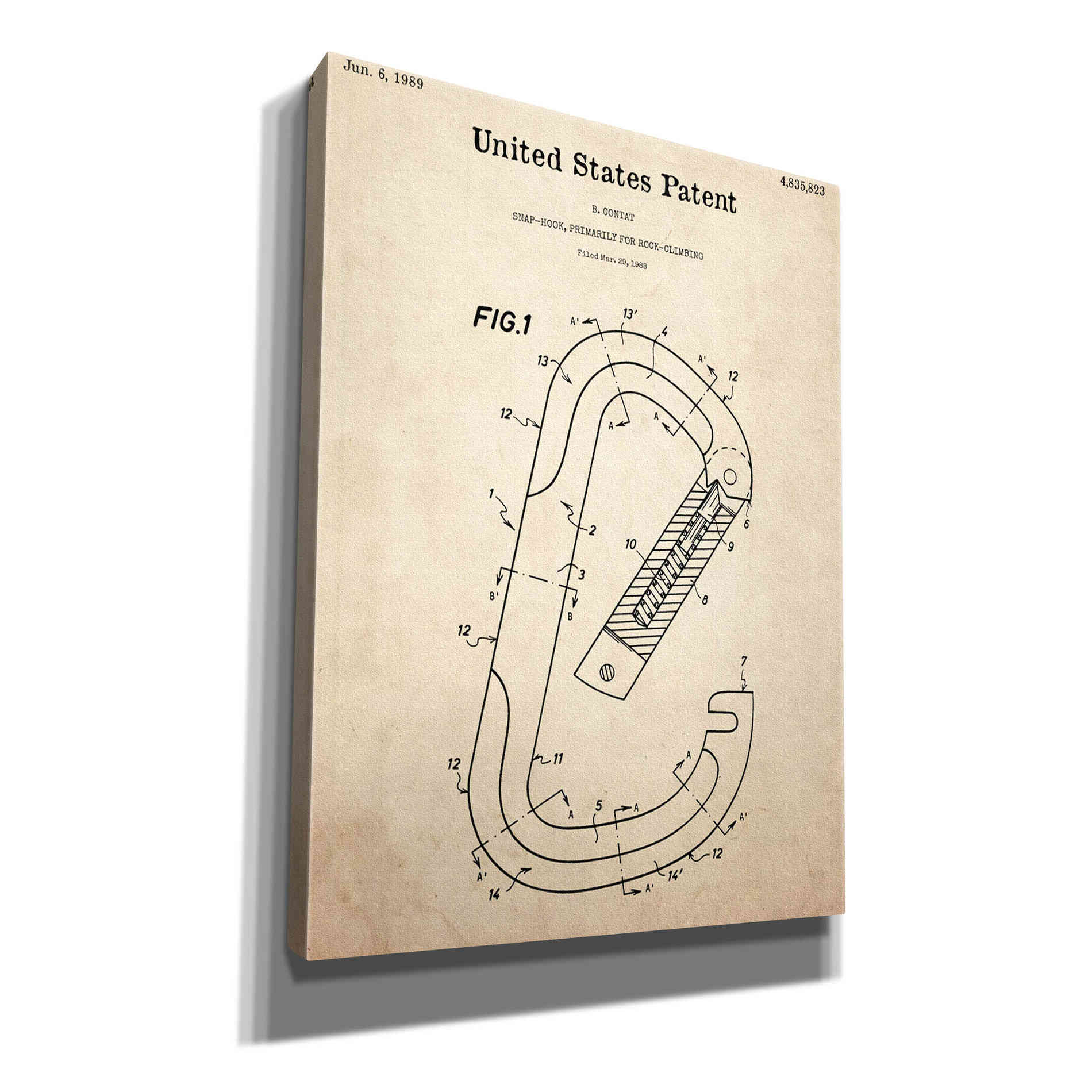 'Climbing Hook Blueprint Patent Parchment,' Canvas Wall Art,12x16x1.1x0,18x26x1.1x0,26x34x1.74x0,40x54x1.74x0