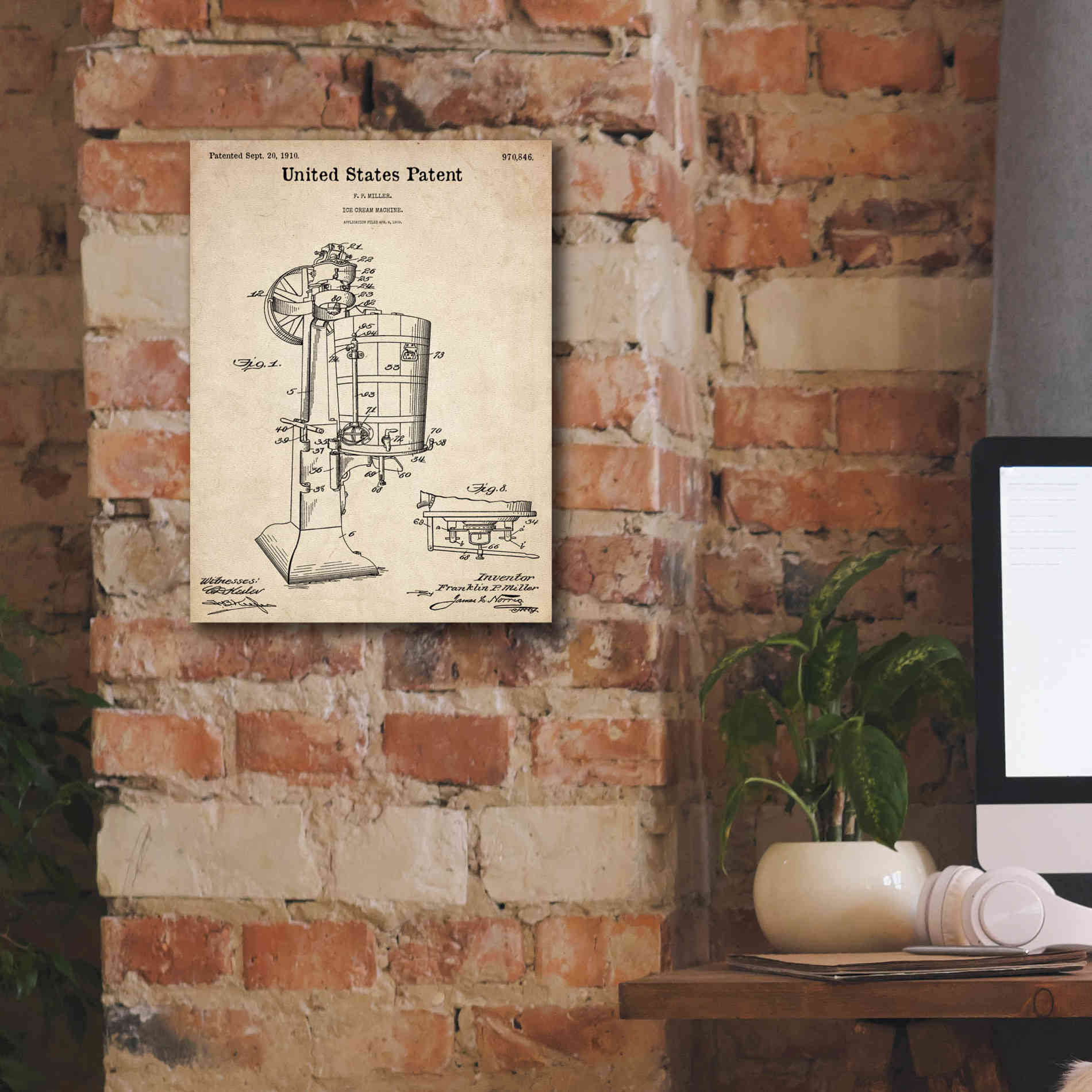 'Ice Cream Machine Blueprint Patent Parchment,' Canvas Wall Art,12 x 16