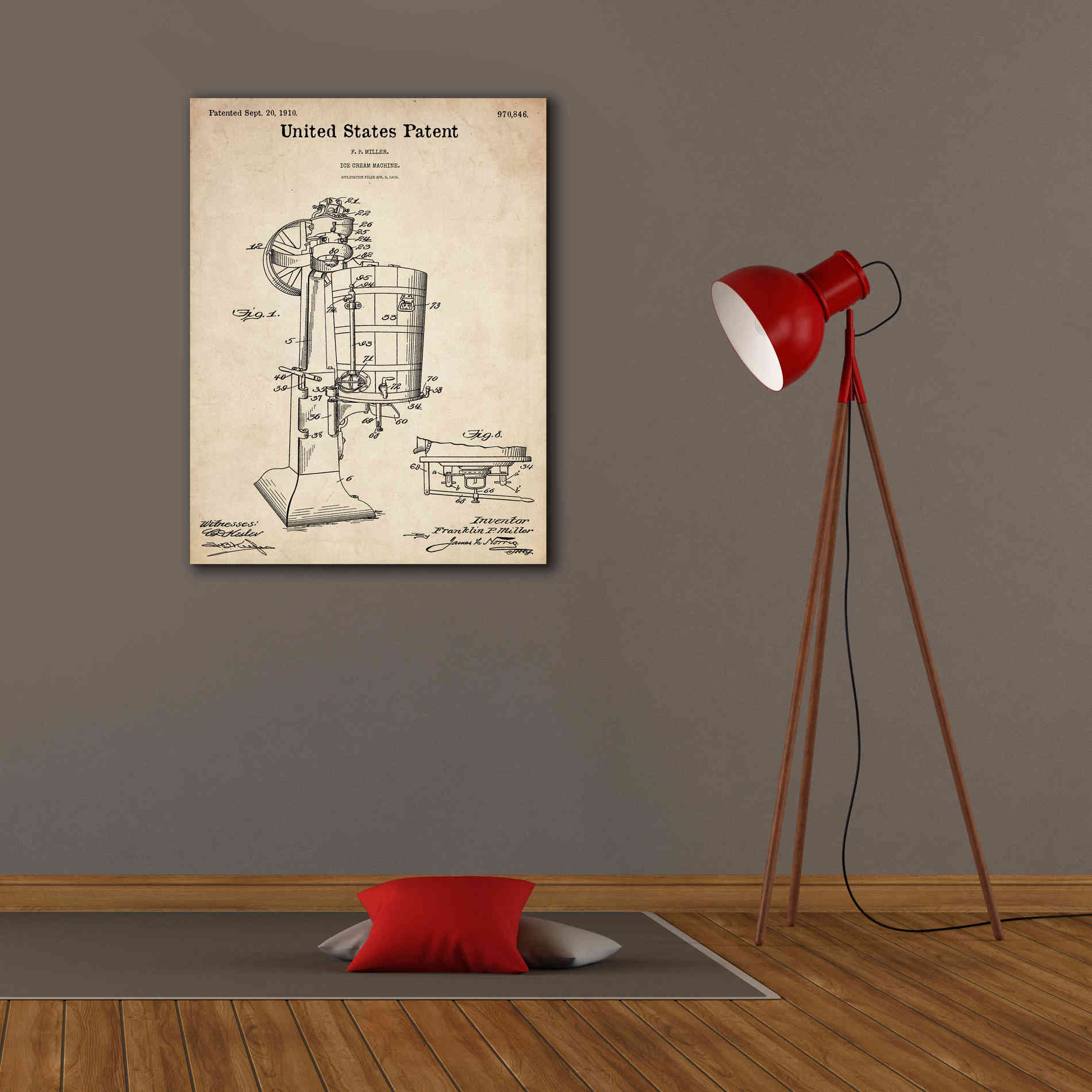 'Ice Cream Machine Blueprint Patent Parchment,' Canvas Wall Art,26 x 34