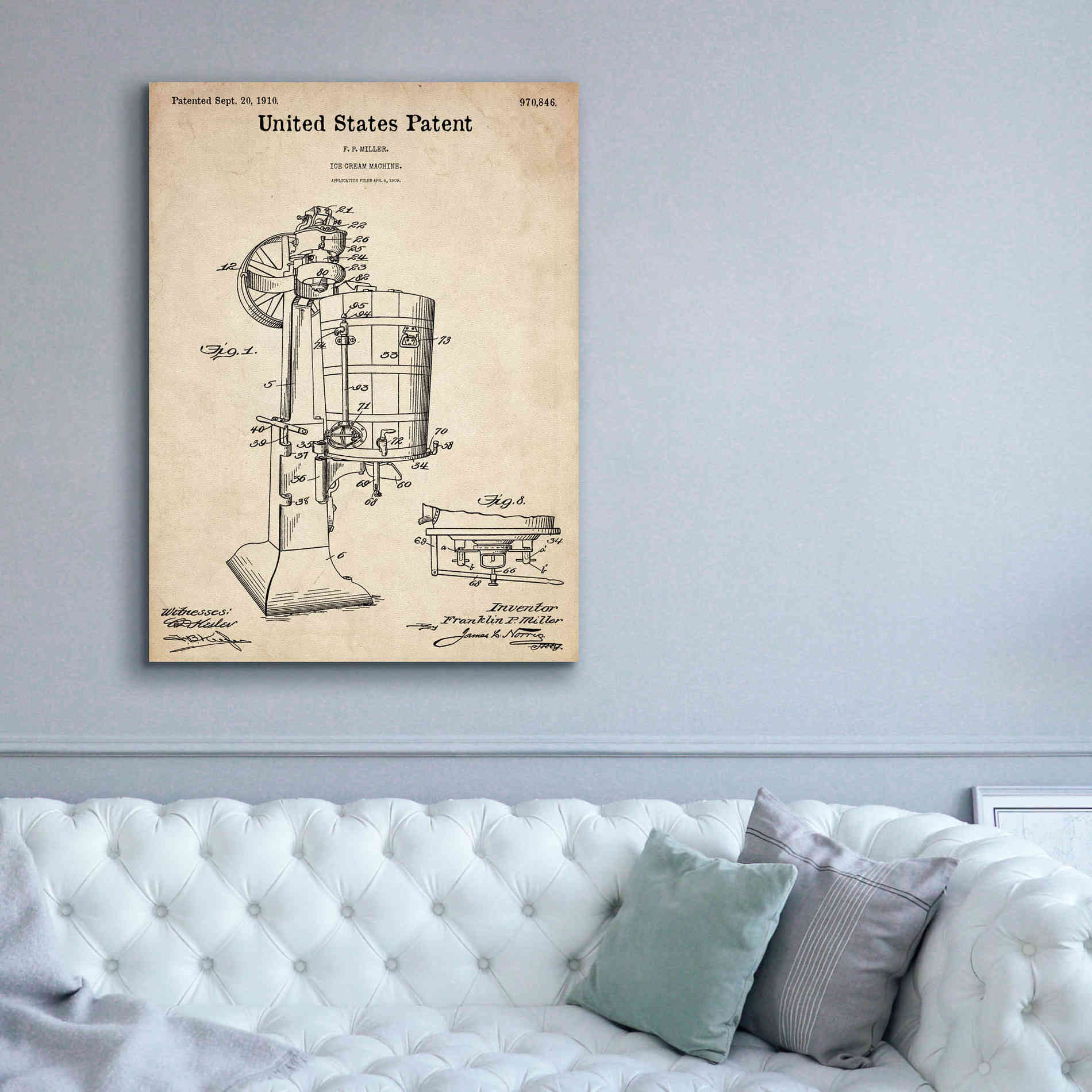 'Ice Cream Machine Blueprint Patent Parchment,' Canvas Wall Art,40 x 54