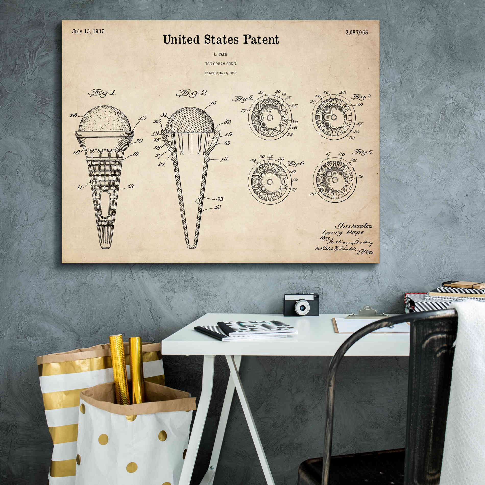 'Ice Cream Cone Blueprint Patent Parchment,' Canvas Wall Art,34 x 26