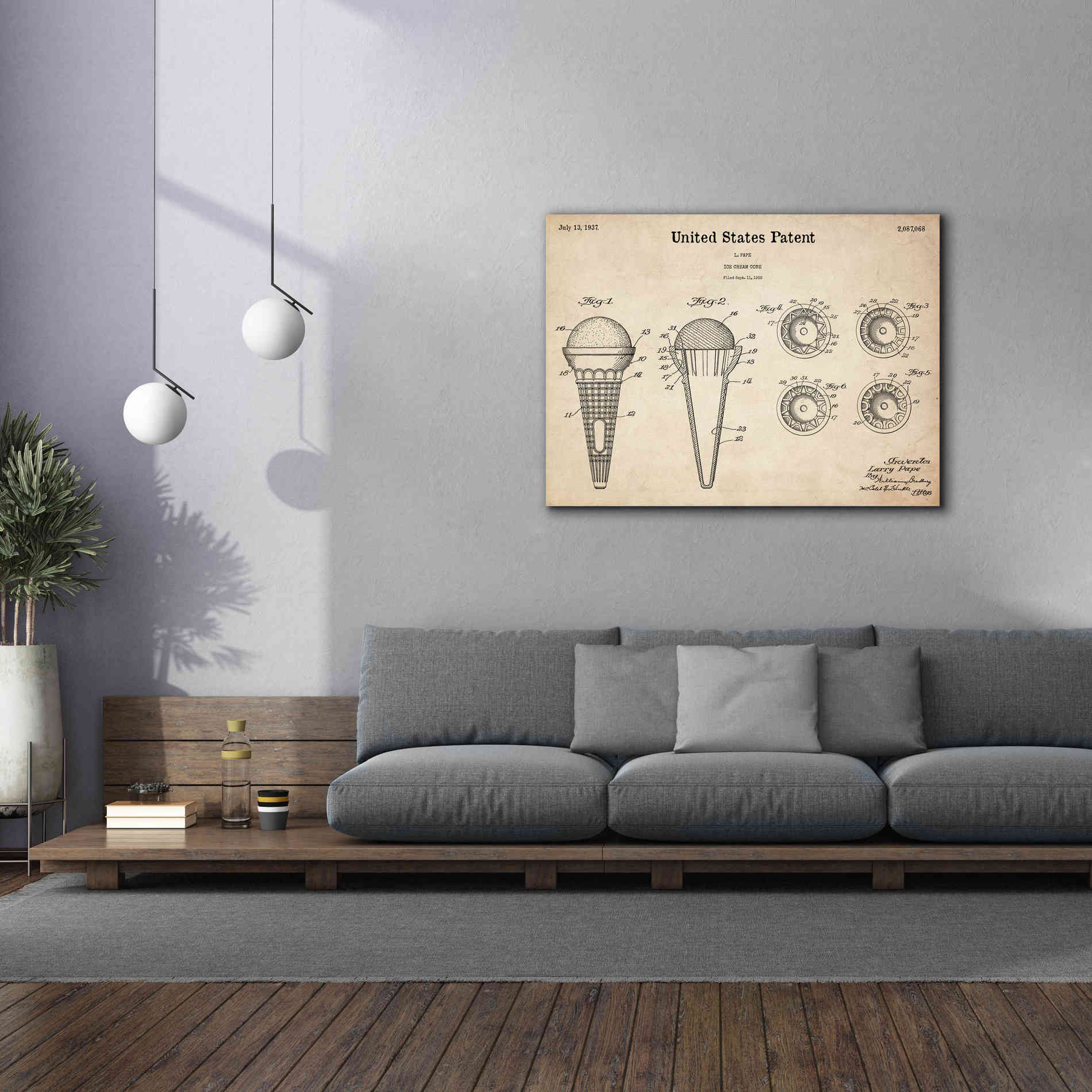 'Ice Cream Cone Blueprint Patent Parchment,' Canvas Wall Art,54 x 40