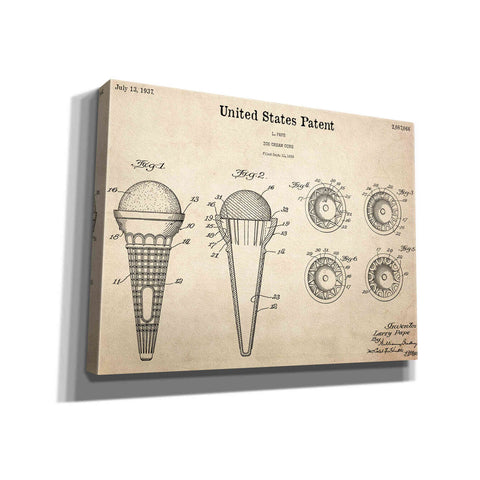 Image of 'Ice Cream Cone Blueprint Patent Parchment,' Canvas Wall Art,16x12x1.1x0,26x18x1.1x0,34x26x1.74x0,54x40x1.74x0