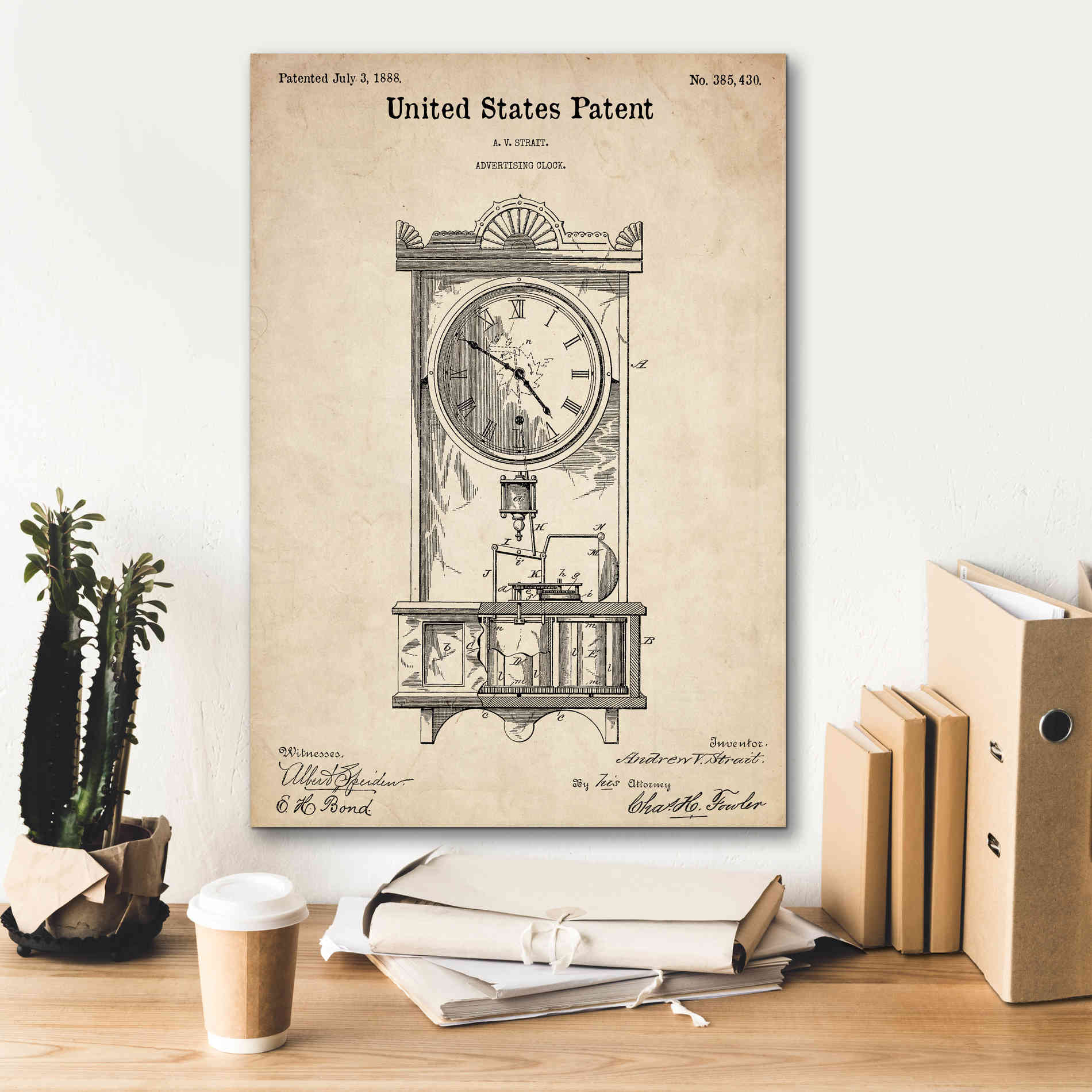 'Mantel Clock Blueprint Patent Parchment,' Canvas Wall Art,18 x 26