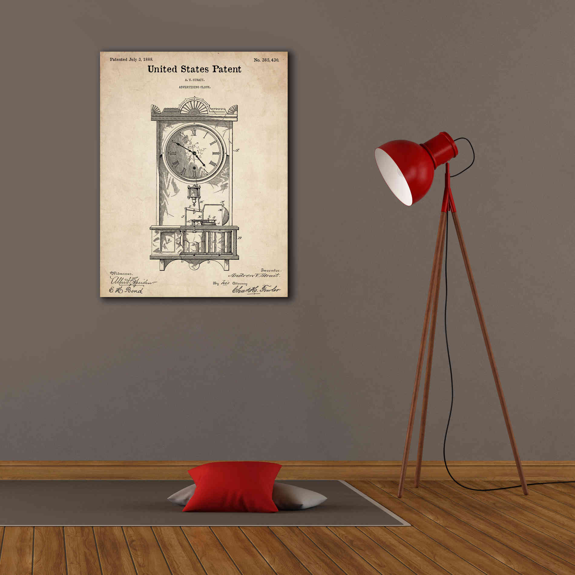 'Mantel Clock Blueprint Patent Parchment,' Canvas Wall Art,26 x 34
