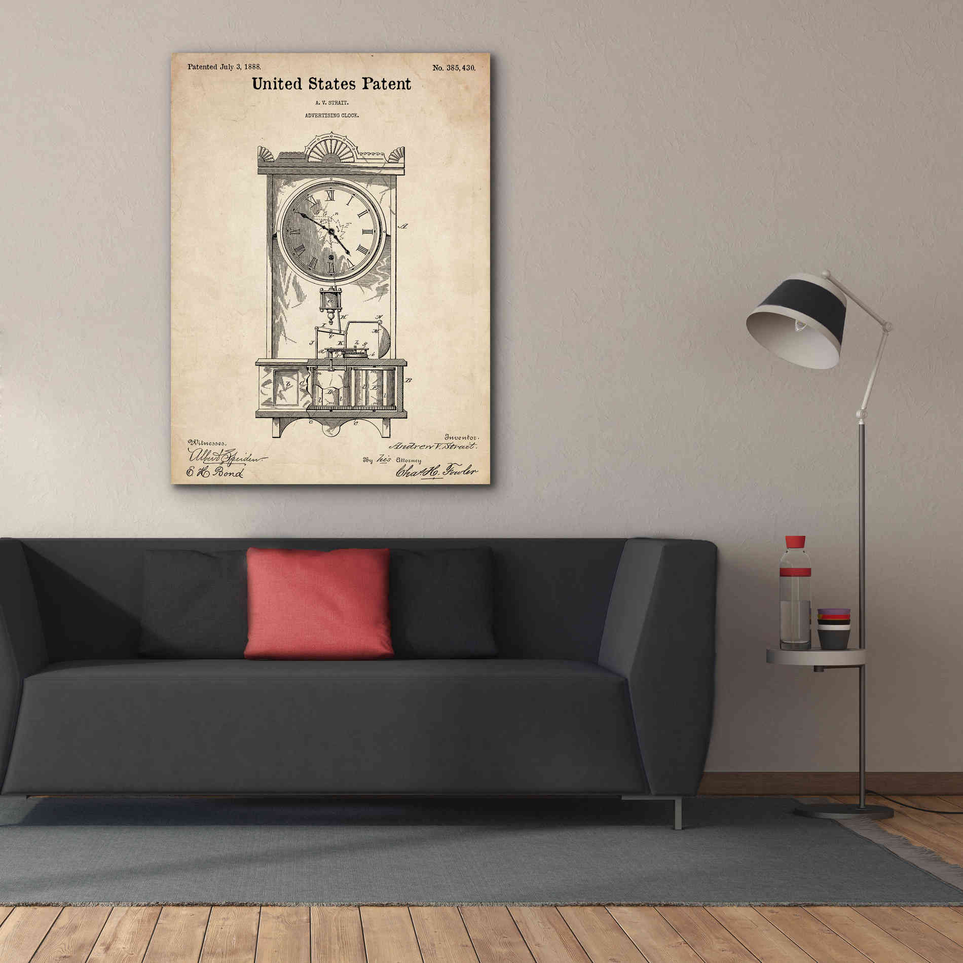 'Mantel Clock Blueprint Patent Parchment,' Canvas Wall Art,40 x 54