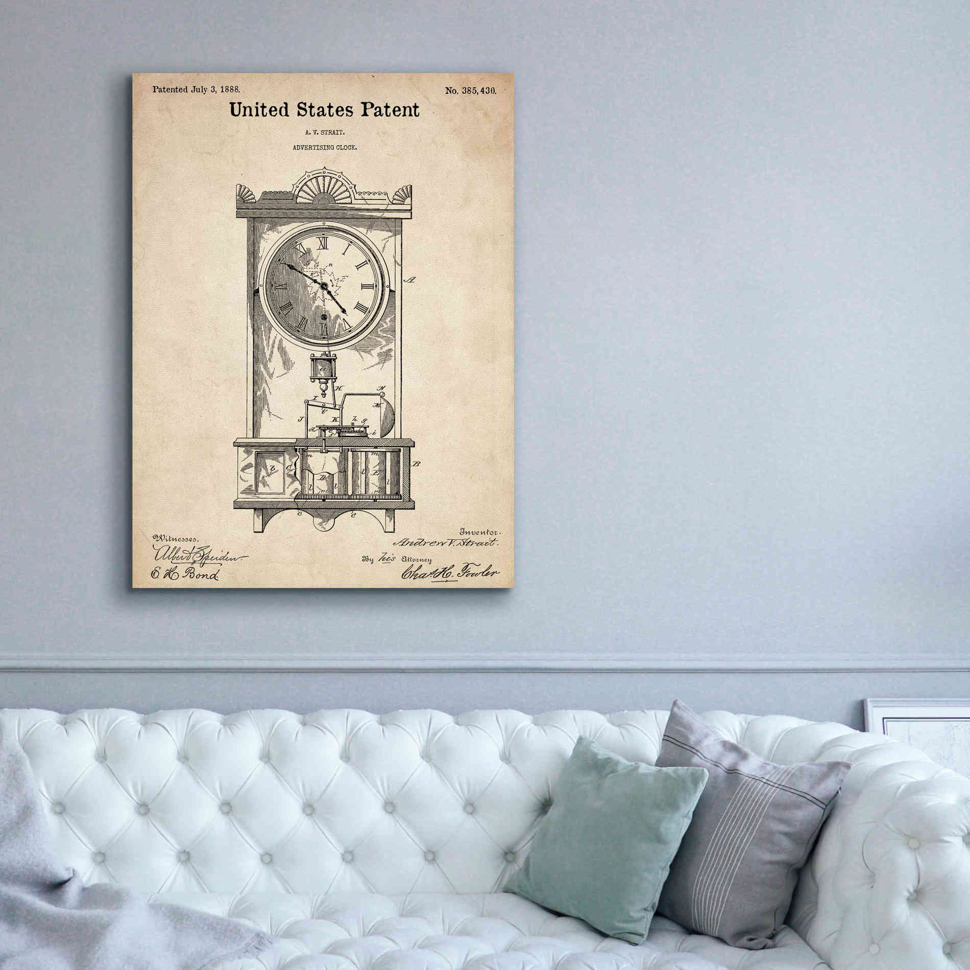 'Mantel Clock Blueprint Patent Parchment,' Canvas Wall Art,40 x 54
