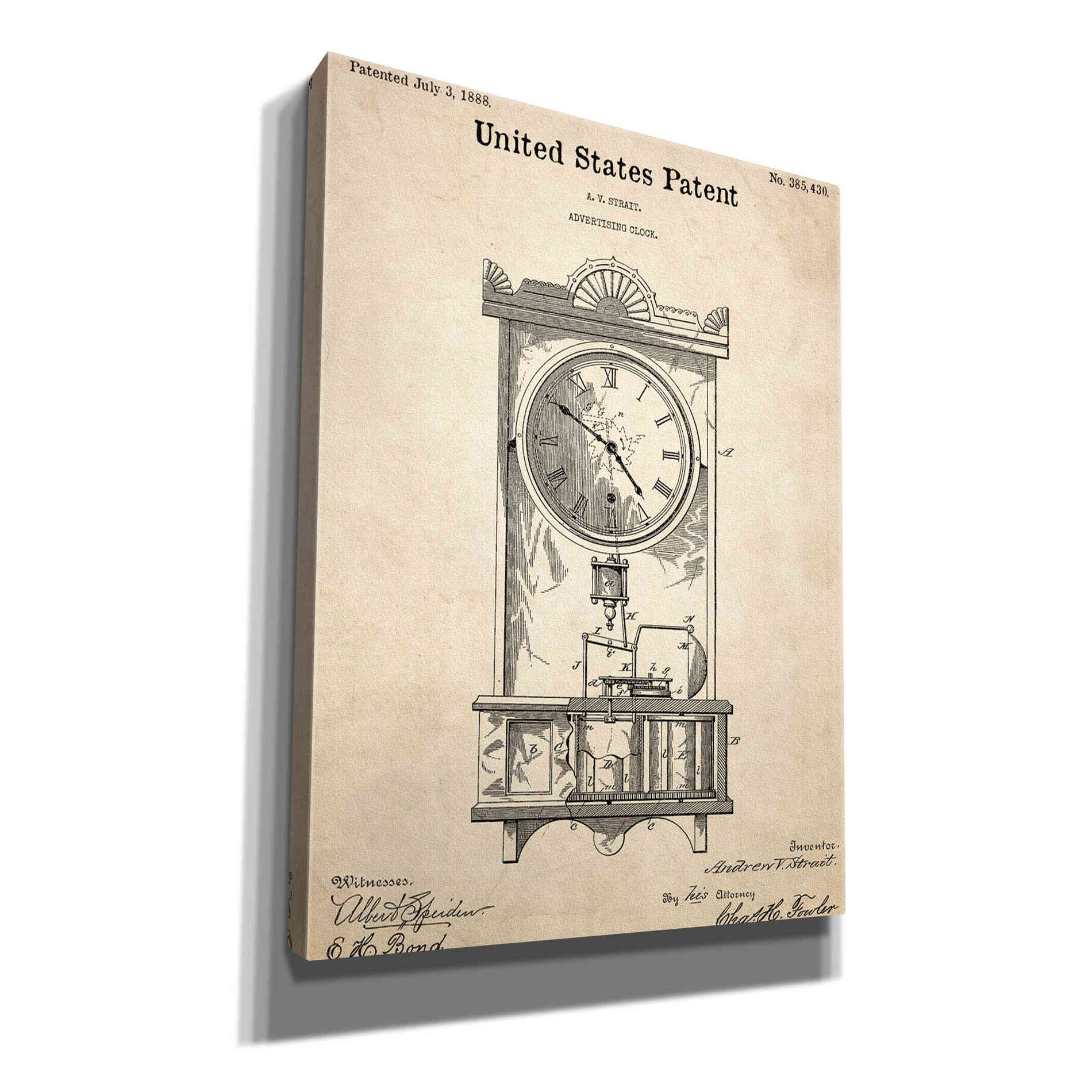 'Mantel Clock Blueprint Patent Parchment,' Canvas Wall Art,12x16x1.1x0,18x26x1.1x0,26x34x1.74x0,40x54x1.74x0