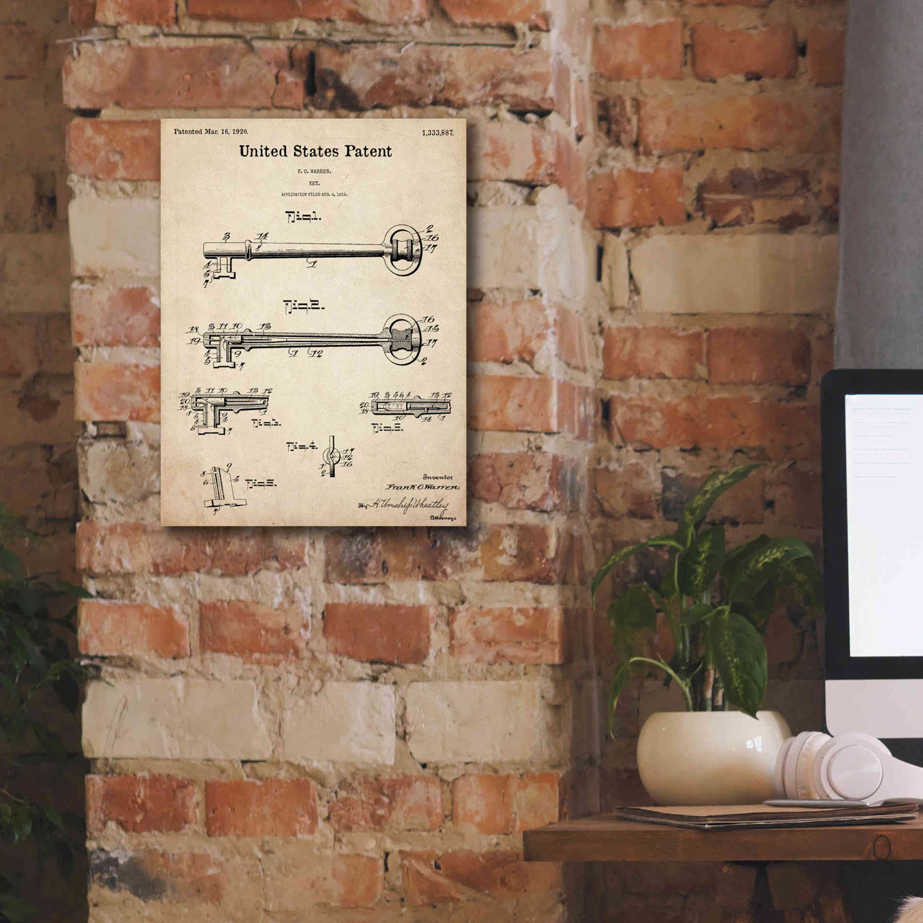 'Vintage Key Blueprint Patent Parchment,' Canvas Wall Art,12 x 16