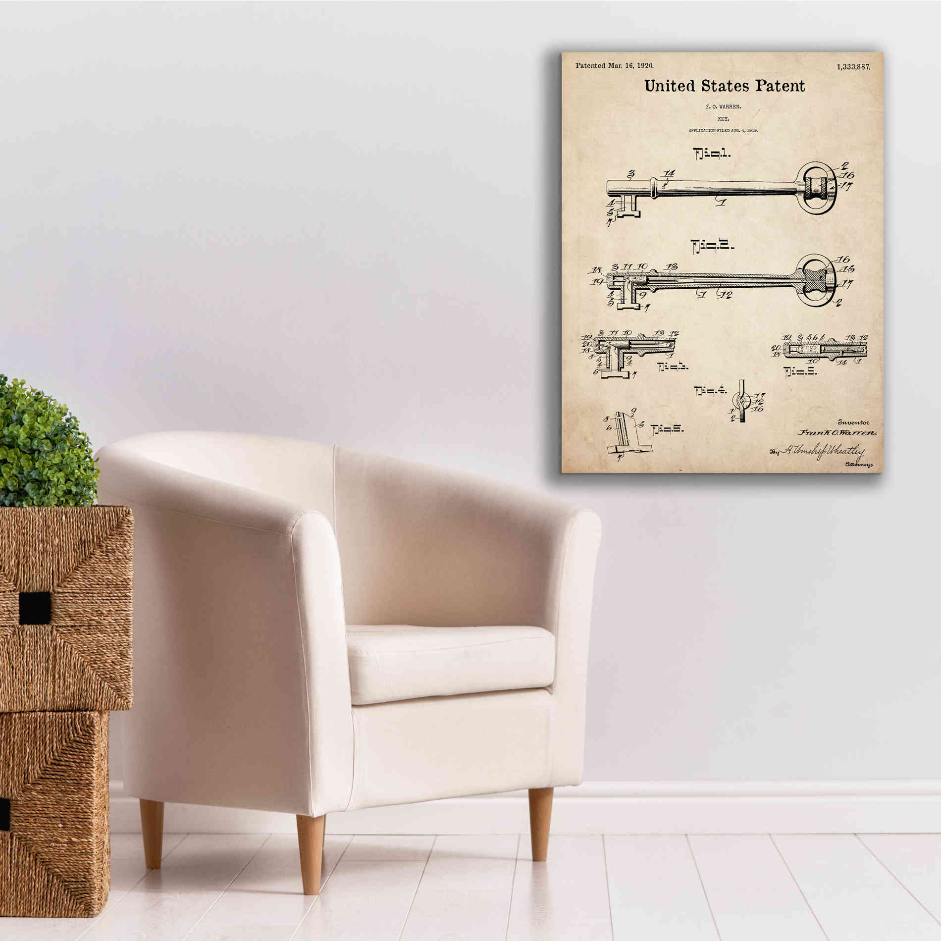 'Vintage Key Blueprint Patent Parchment,' Canvas Wall Art,26 x 34