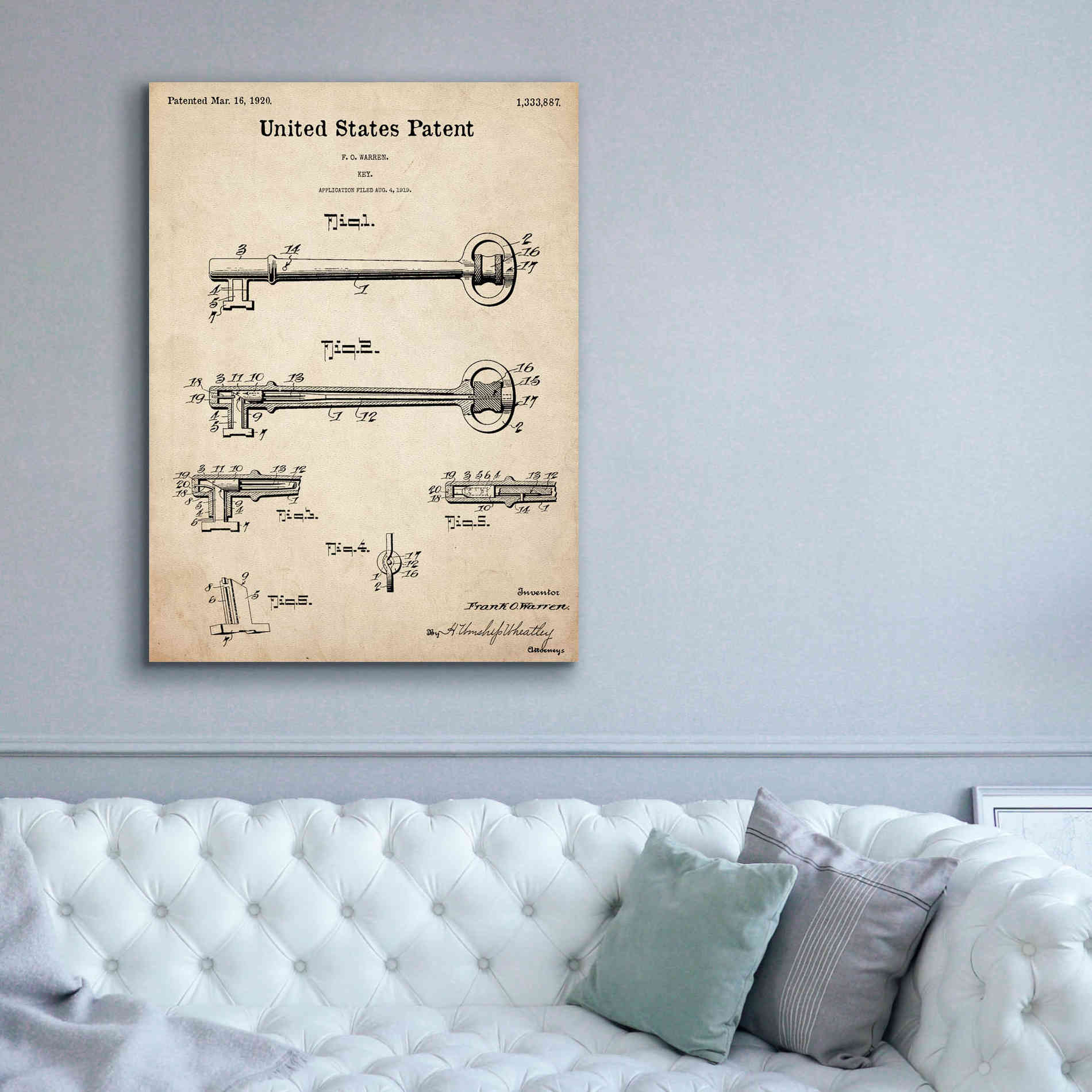 'Vintage Key Blueprint Patent Parchment,' Canvas Wall Art,40 x 54