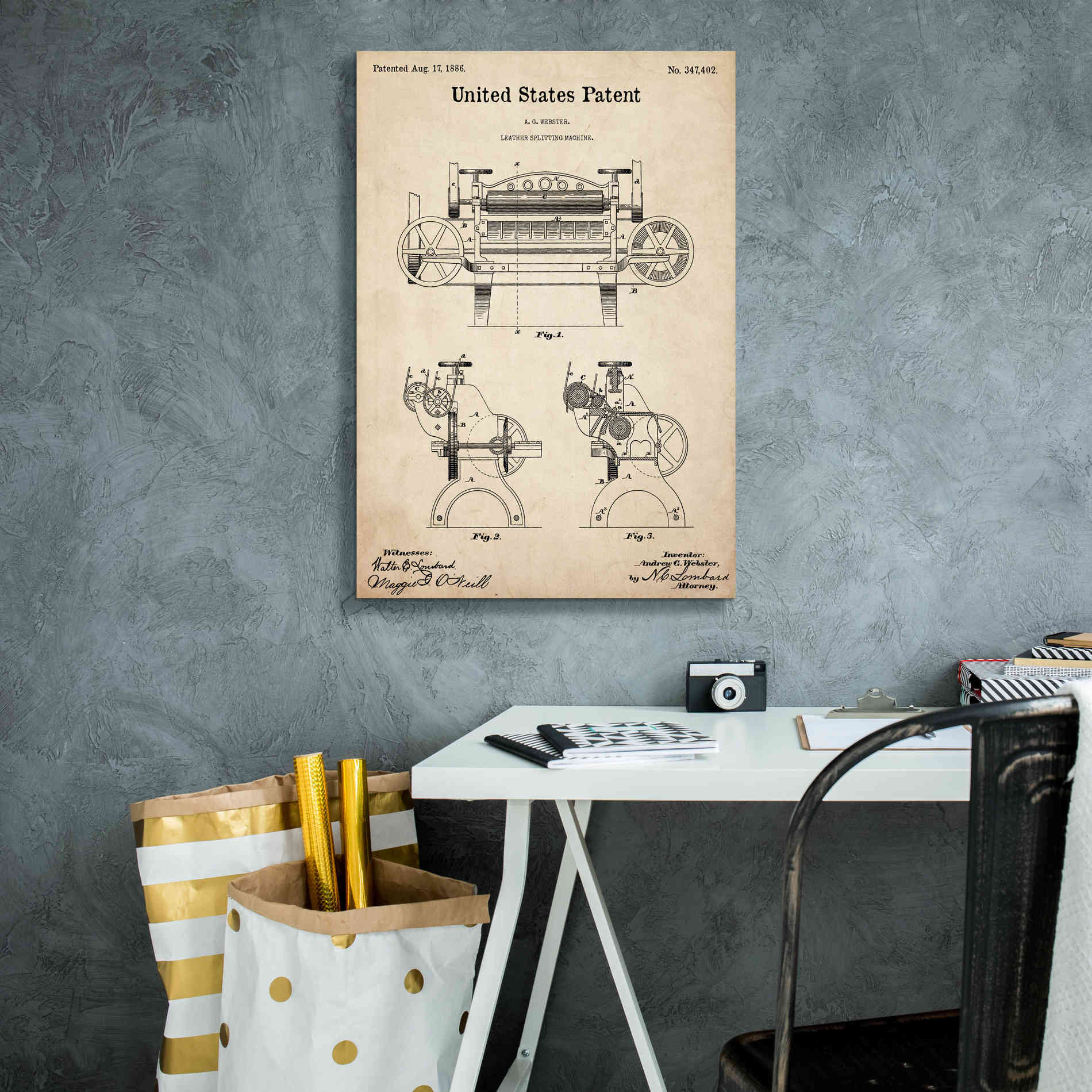 'Leather Splitting Machine Blueprint Patent Parchment,' Canvas Wall Art,18 x 26