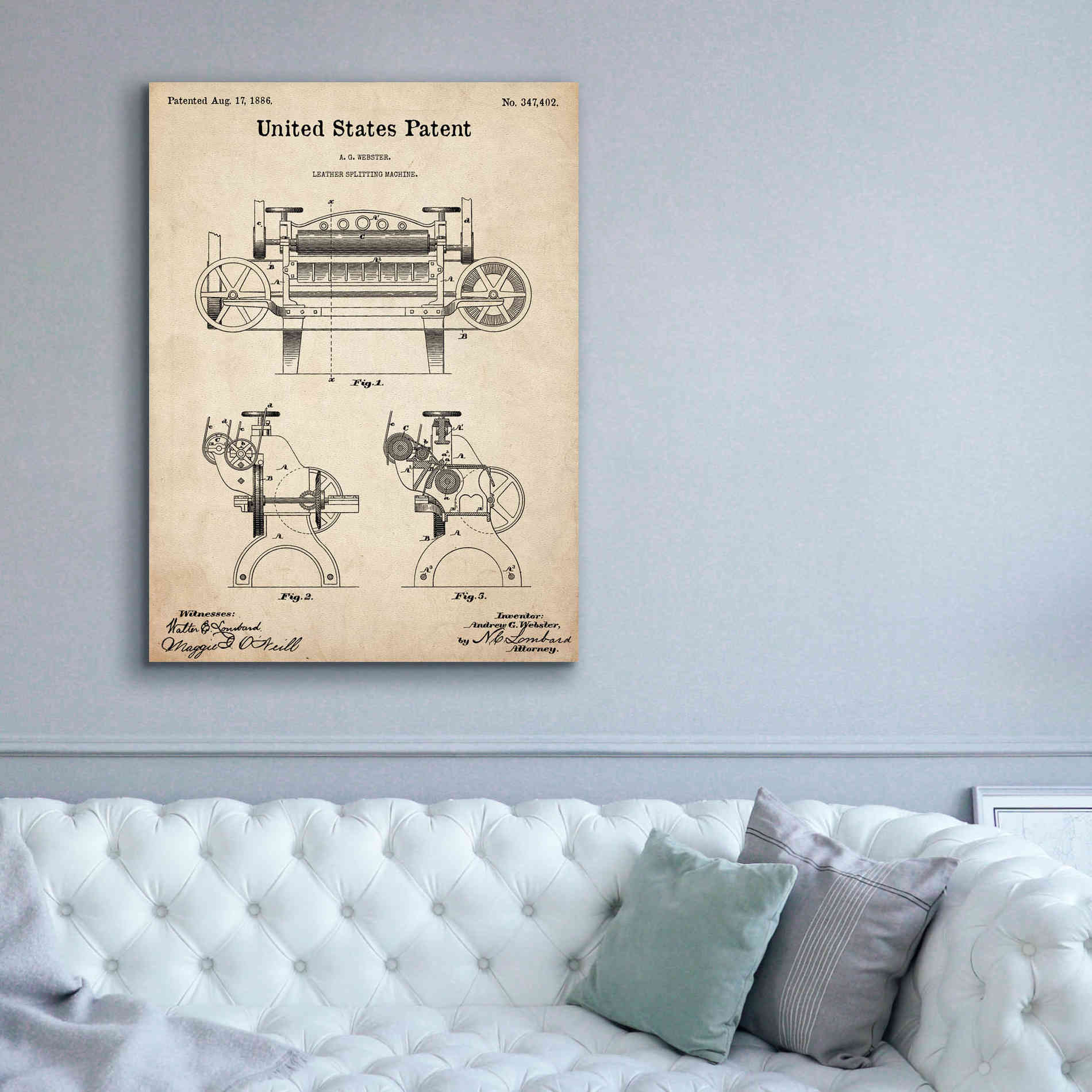 'Leather Splitting Machine Blueprint Patent Parchment,' Canvas Wall Art,40 x 54