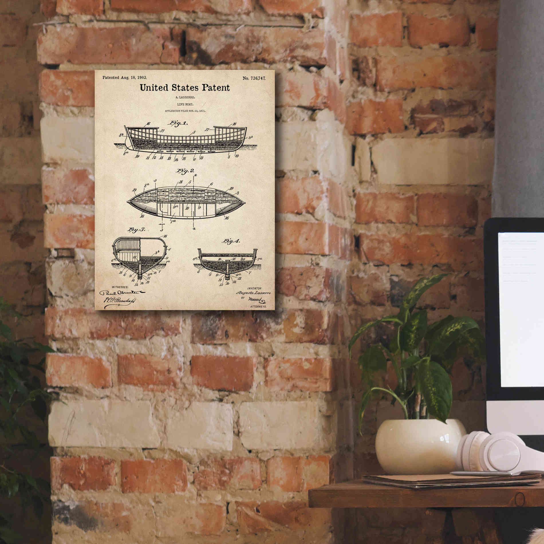 'Lifeboat Blueprint Patent Parchment,' Canvas Wall Art,12 x 16