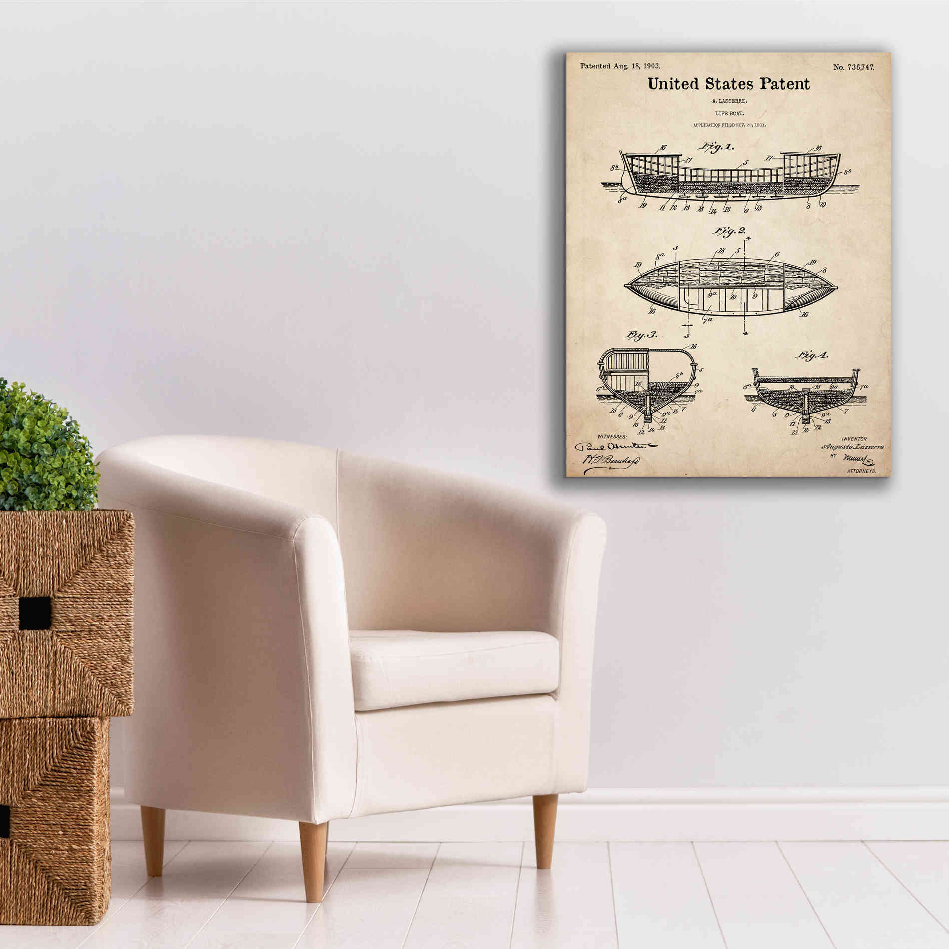 'Lifeboat Blueprint Patent Parchment,' Canvas Wall Art,26 x 34