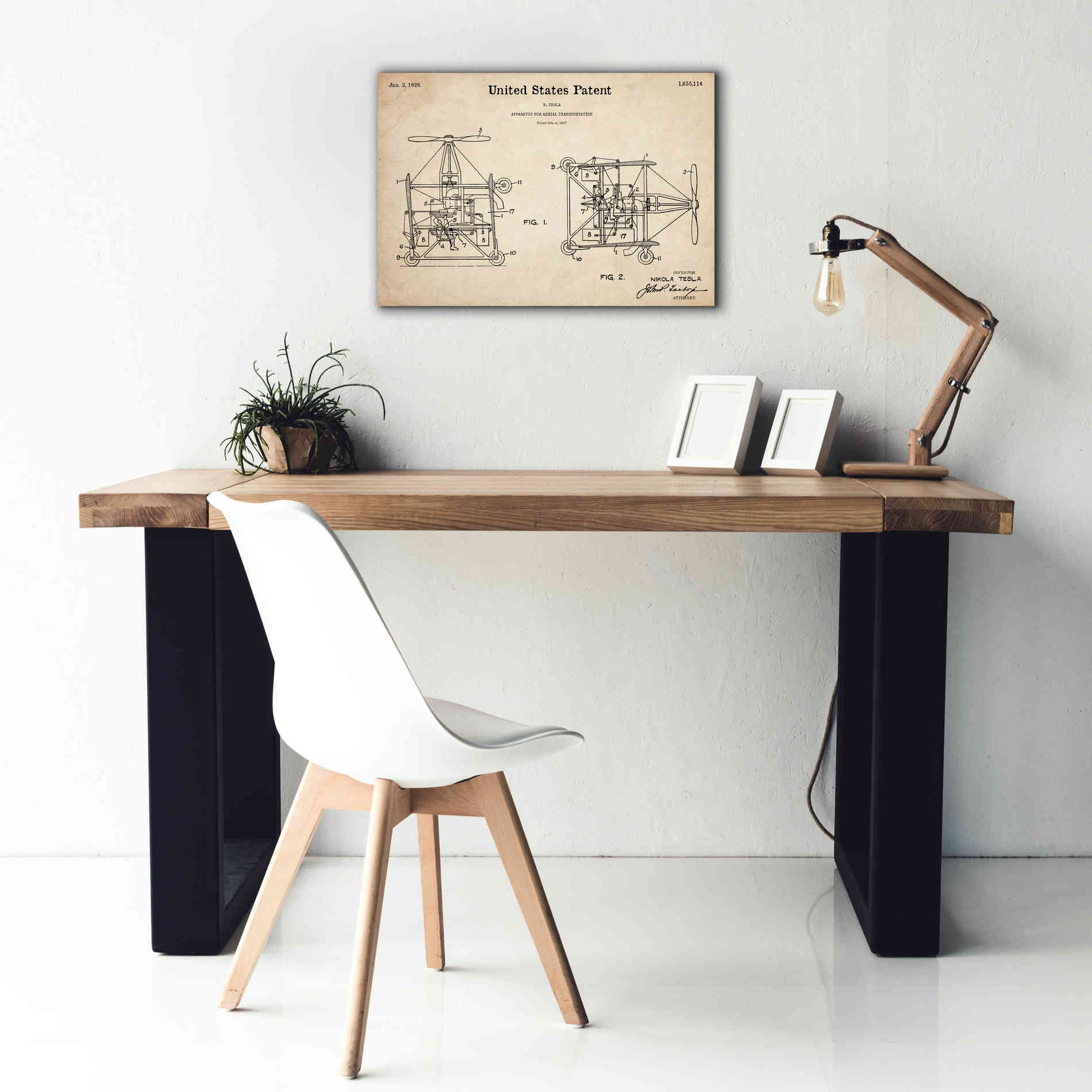 'Tesla Aerial Apparatus Blueprint Patent Parchment,' Canvas Wall Art,26 x 18
