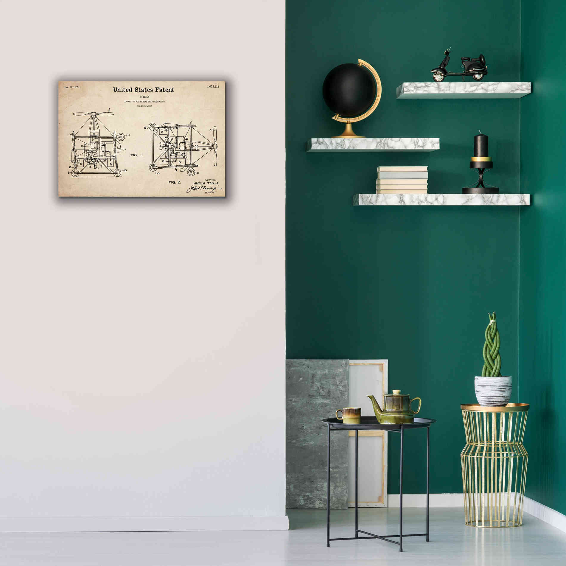 'Tesla Aerial Apparatus Blueprint Patent Parchment,' Canvas Wall Art,26 x 18