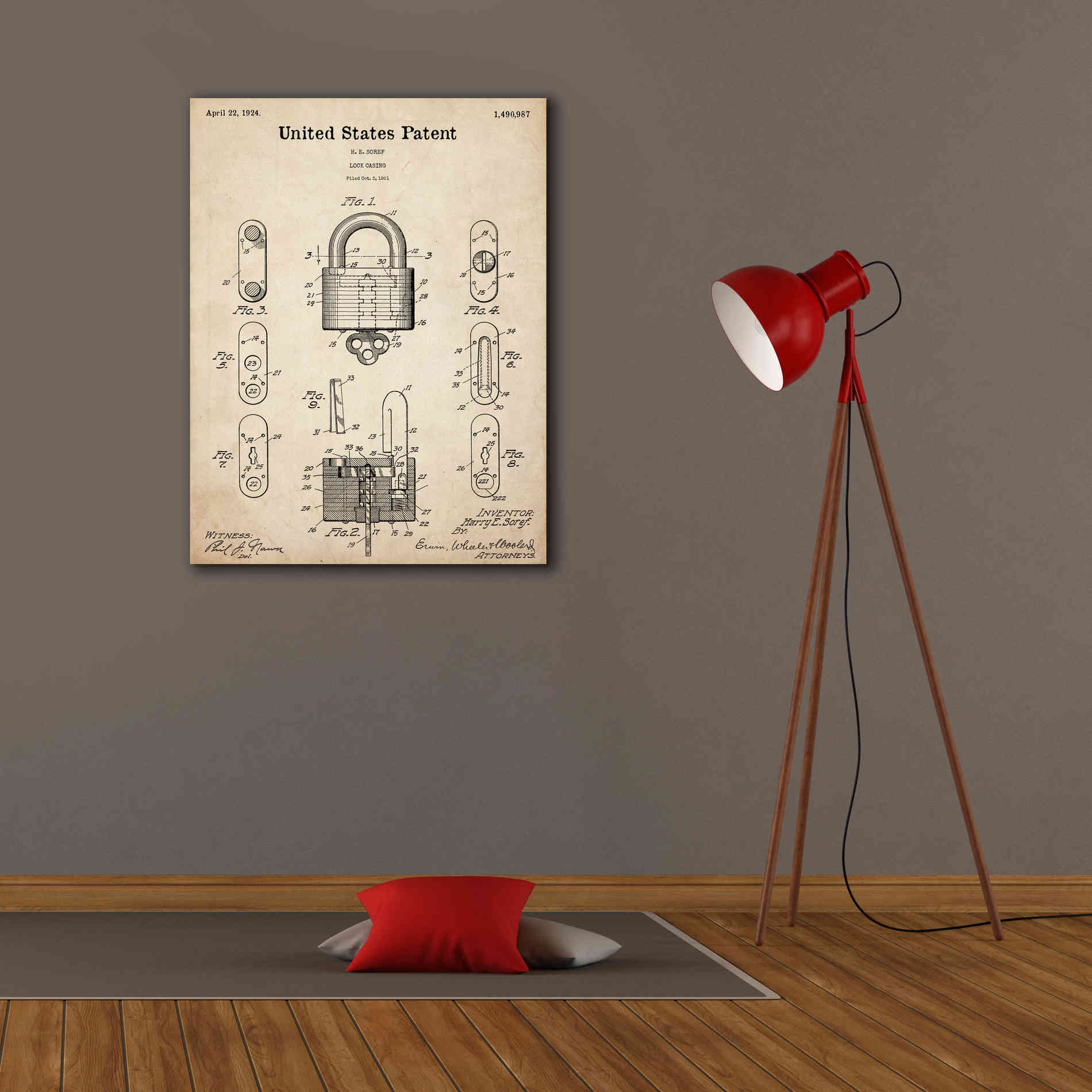 'Lock Blueprint Patent Parchment,' Canvas Wall Art,26 x 34