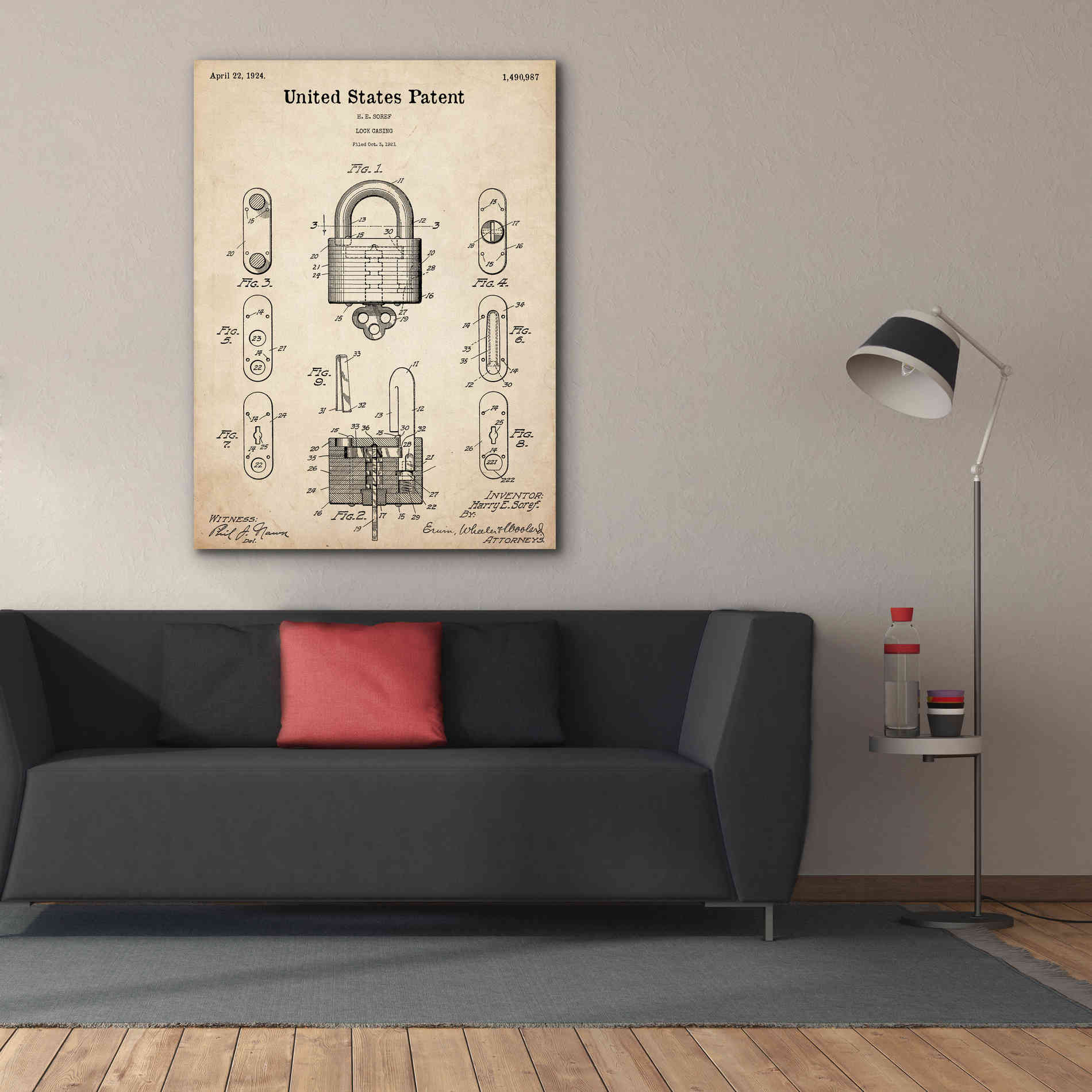 'Lock Blueprint Patent Parchment,' Canvas Wall Art,40 x 54