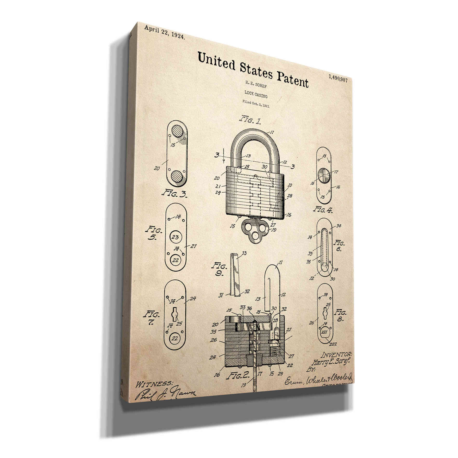 'Lock Blueprint Patent Parchment,' Canvas Wall Art,12x16x1.1x0,18x26x1.1x0,26x34x1.74x0,40x54x1.74x0