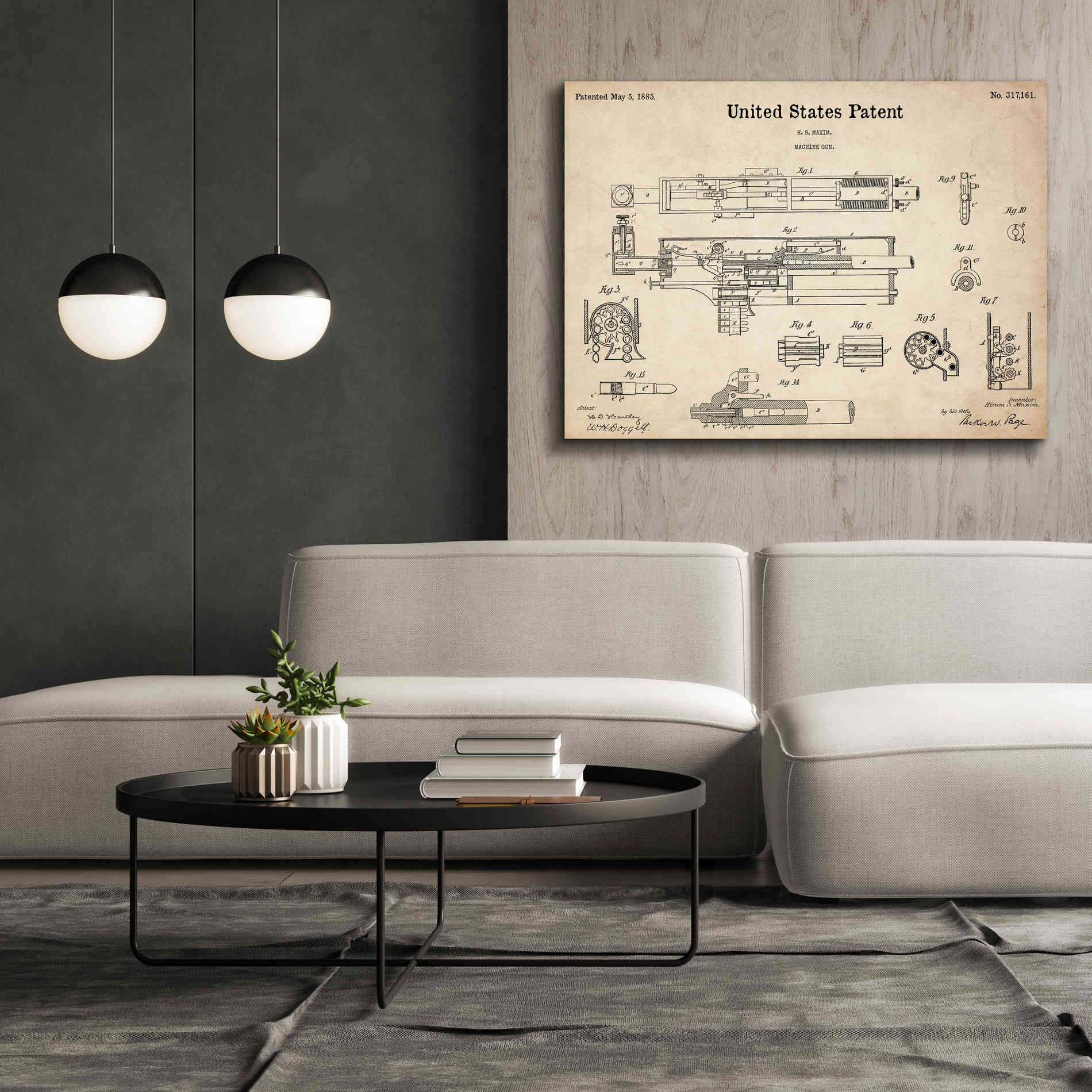 'Machine Gun Blueprint Patent Parchment,' Canvas Wall Art,54 x 40