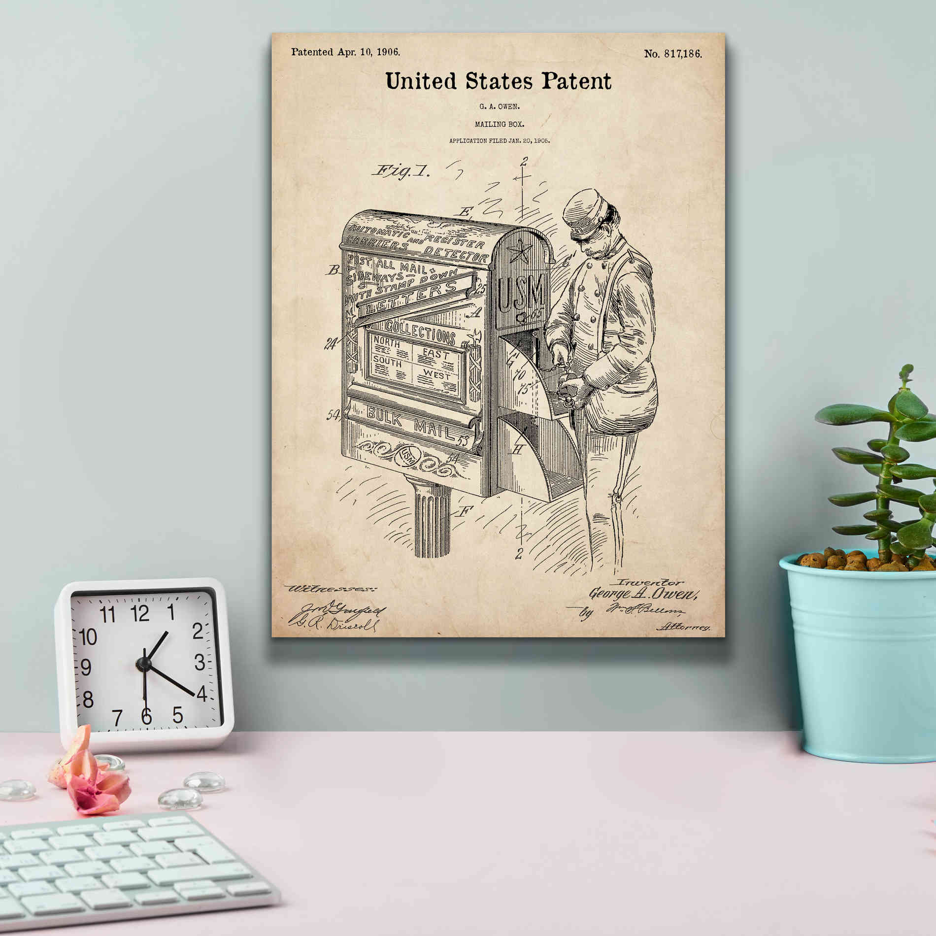 'Mailbox Blueprint Patent Parchment,' Canvas Wall Art,12 x 16