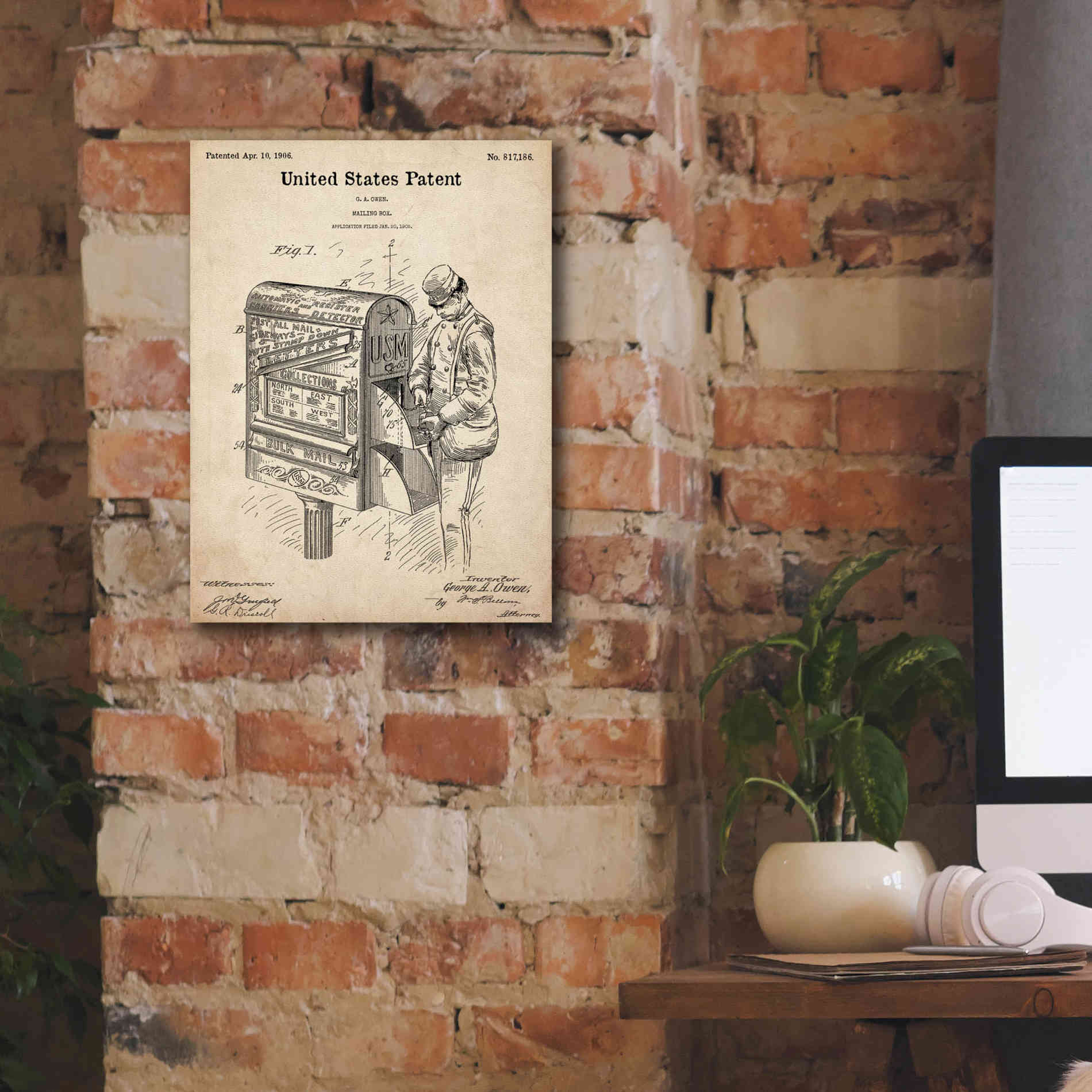 'Mailbox Blueprint Patent Parchment,' Canvas Wall Art,12 x 16