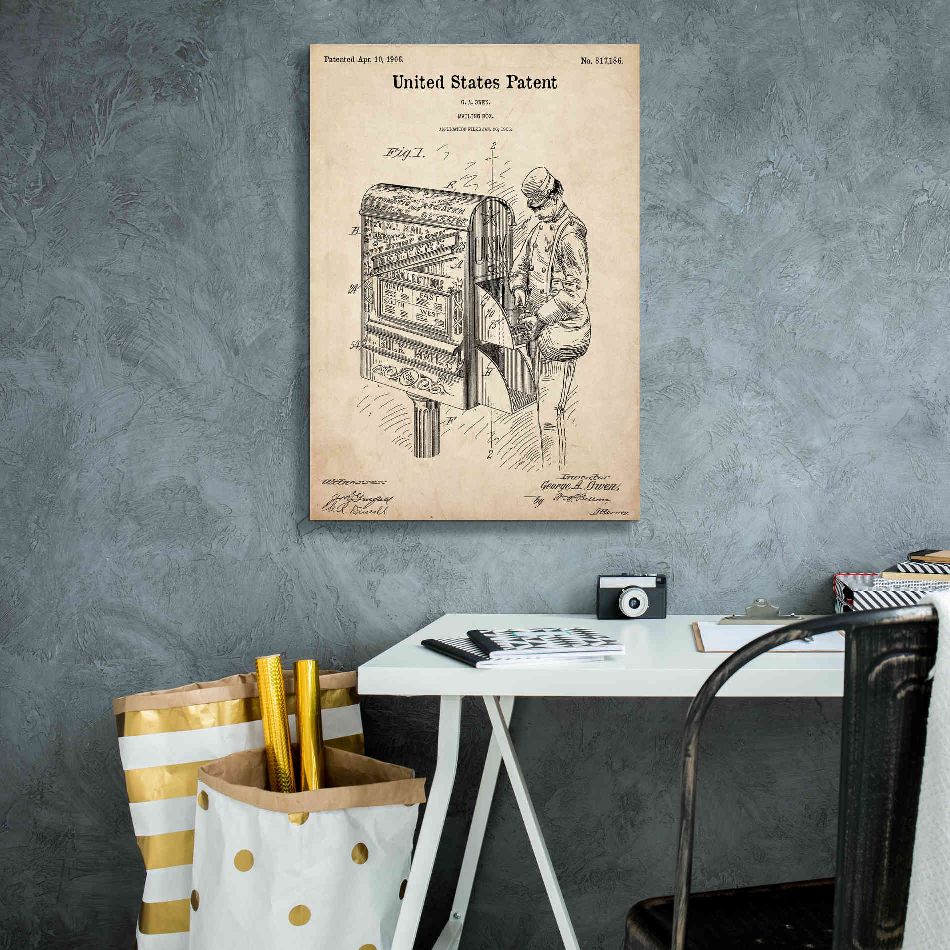 'Mailbox Blueprint Patent Parchment,' Canvas Wall Art,18 x 26