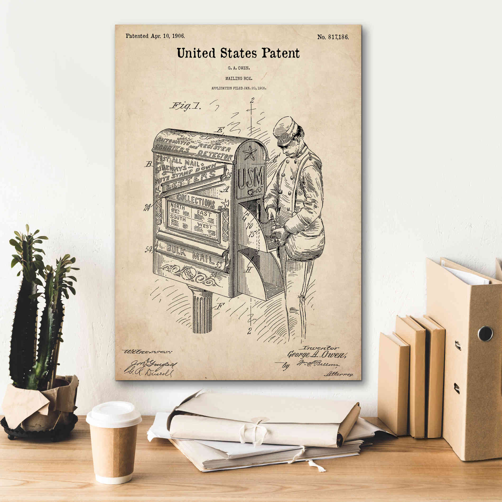 'Mailbox Blueprint Patent Parchment,' Canvas Wall Art,18 x 26