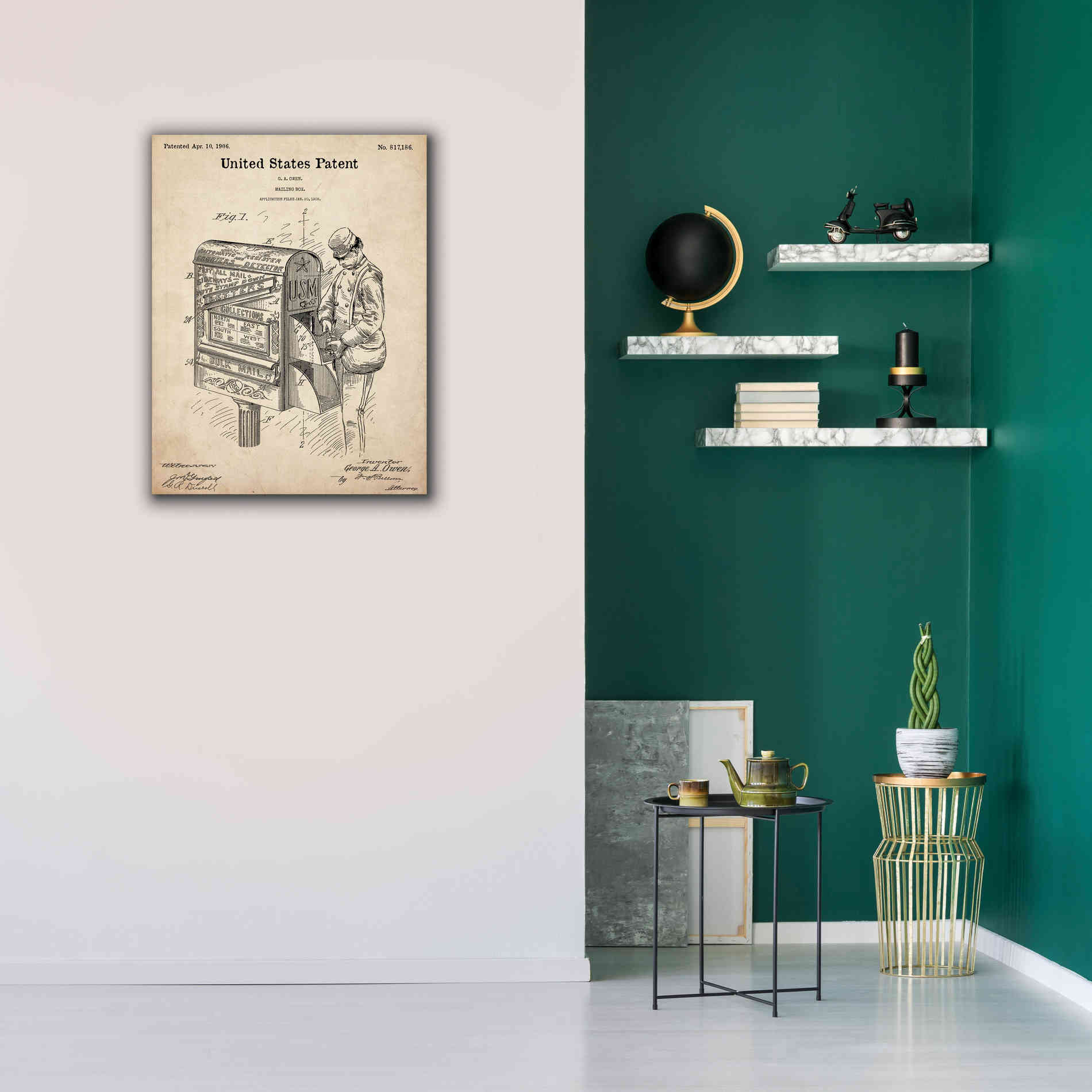 'Mailbox Blueprint Patent Parchment,' Canvas Wall Art,26 x 34