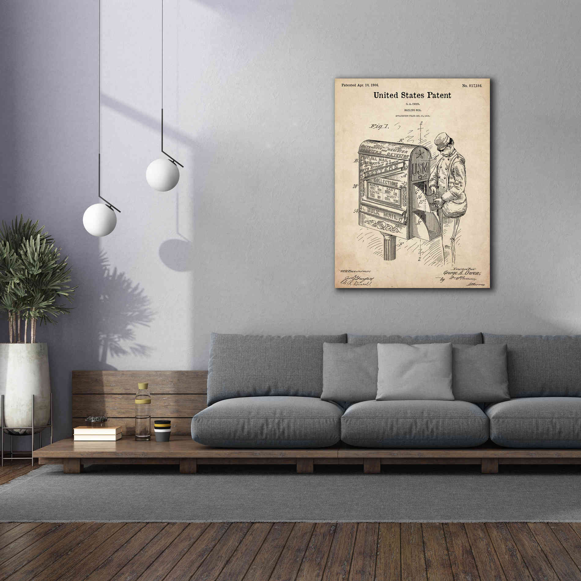 'Mailbox Blueprint Patent Parchment,' Canvas Wall Art,40 x 54