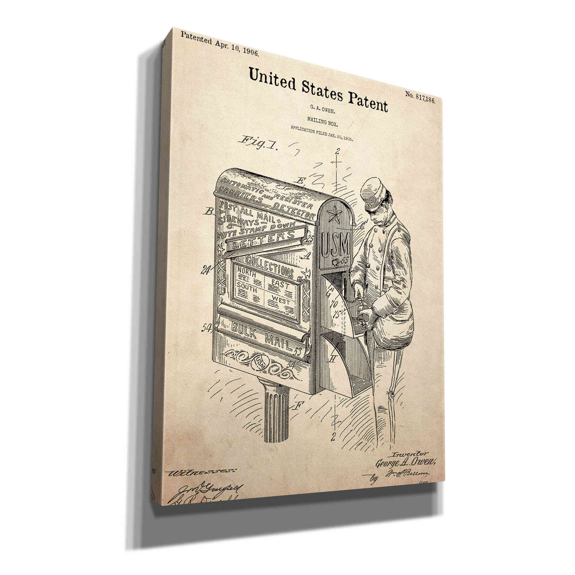 'Mailbox Blueprint Patent Parchment,' Canvas Wall Art,12x16x1.1x0,18x26x1.1x0,26x34x1.74x0,40x54x1.74x0