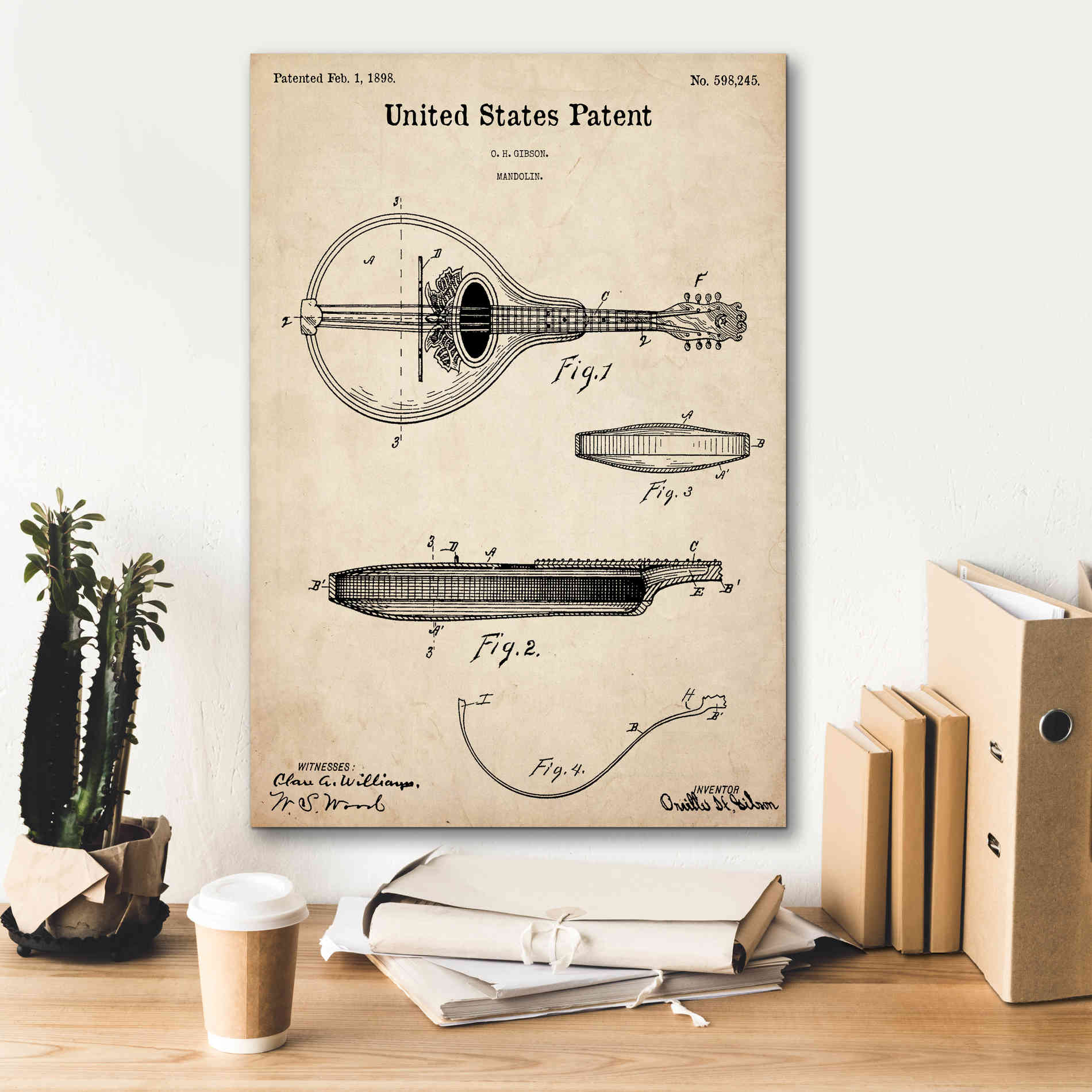'Mandolin Blueprint Patent Parchment,' Canvas Wall Art,18 x 26