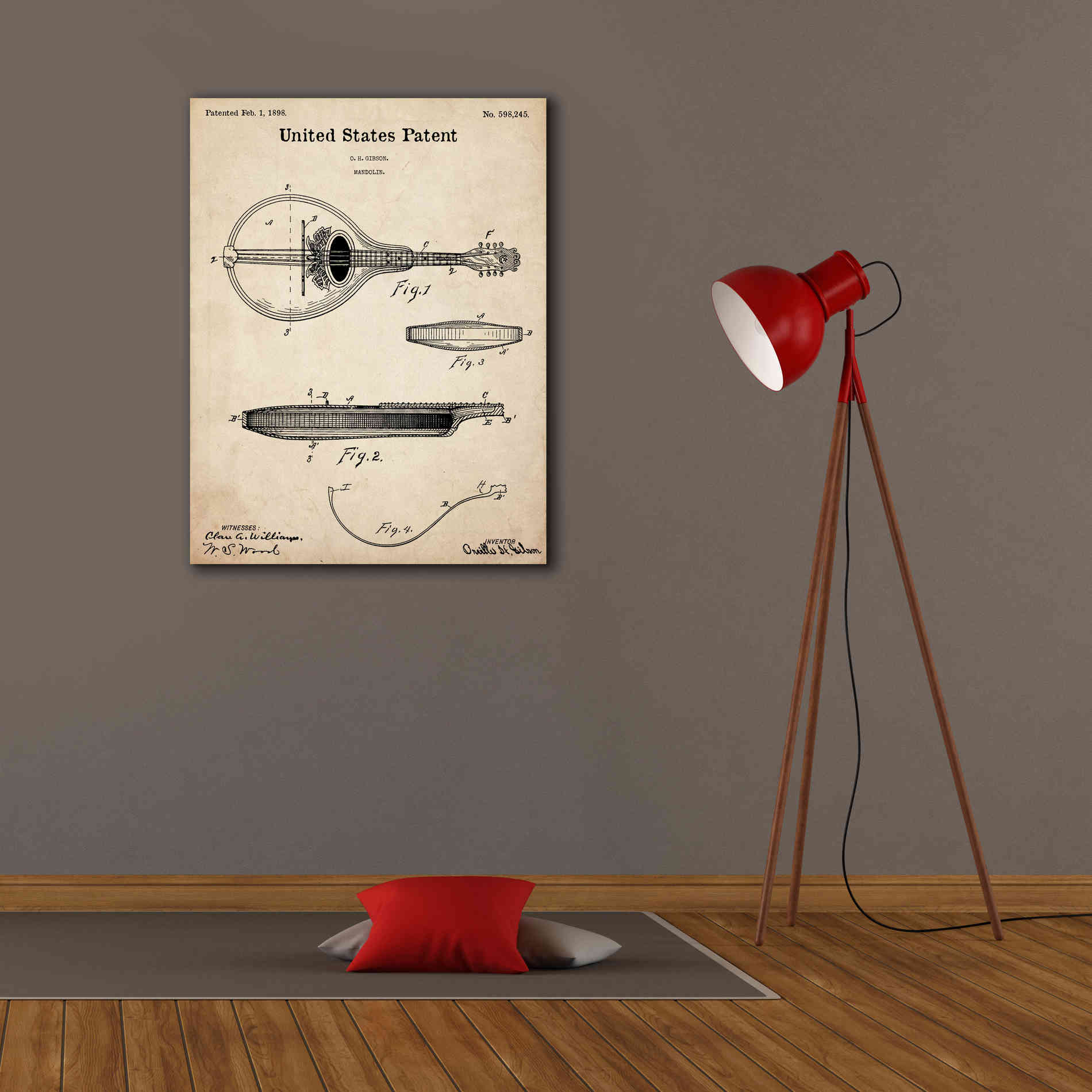 'Mandolin Blueprint Patent Parchment,' Canvas Wall Art,26 x 34