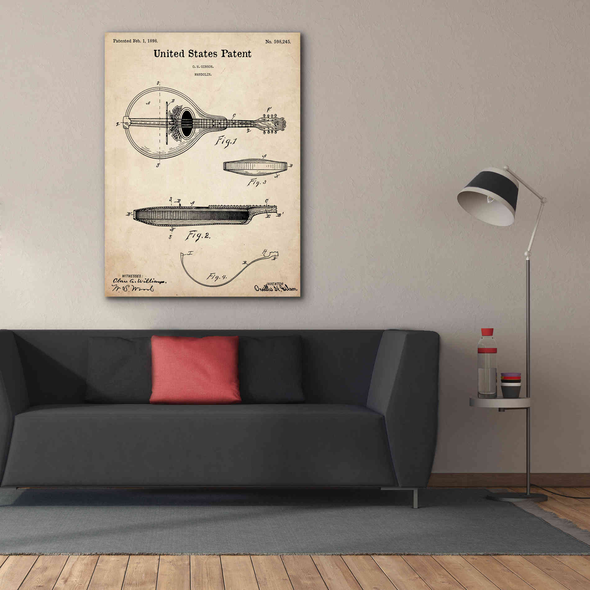 'Mandolin Blueprint Patent Parchment,' Canvas Wall Art,40 x 54