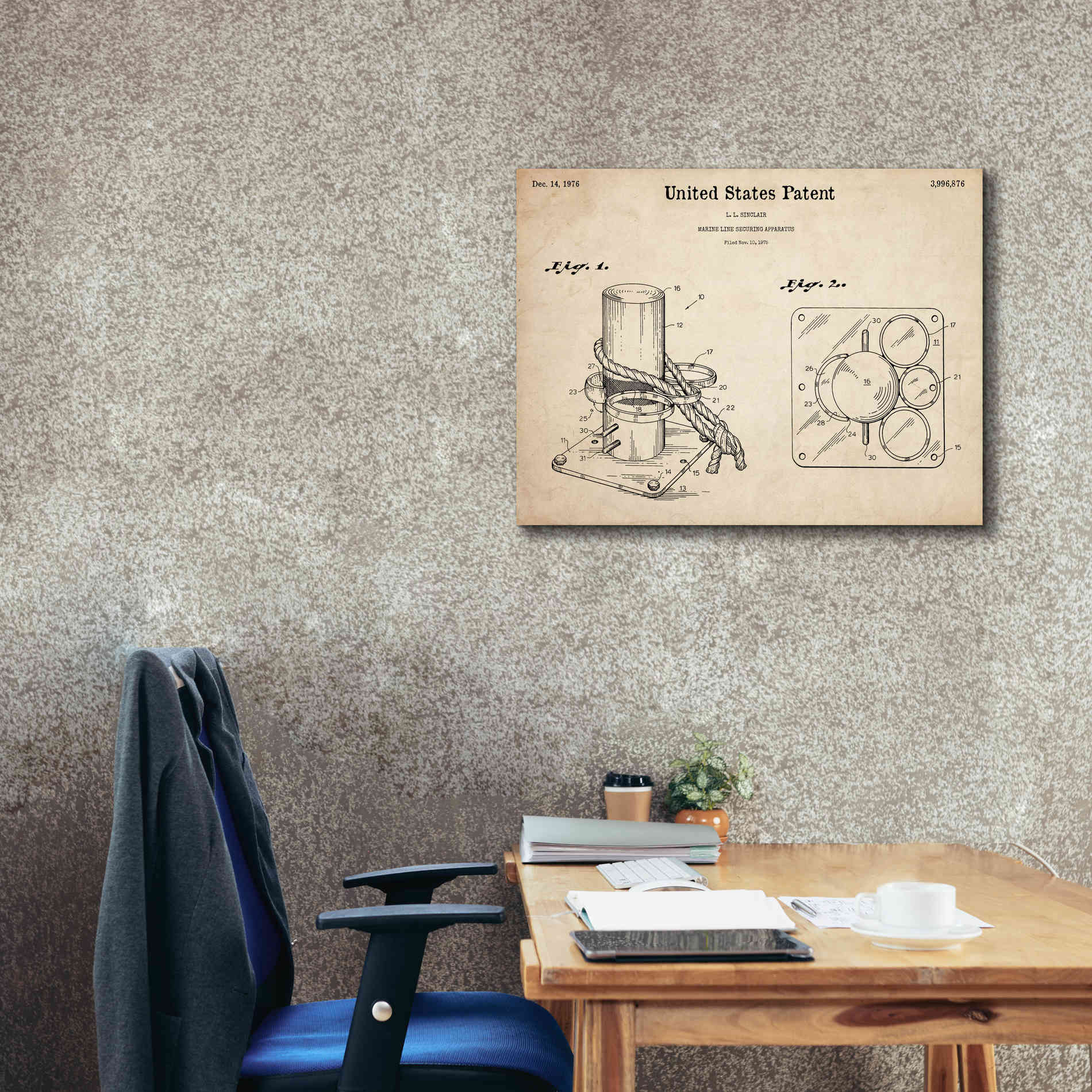 'Marine Line Secure Device Blueprint Patent Parchment,' Canvas Wall Art,34 x 26