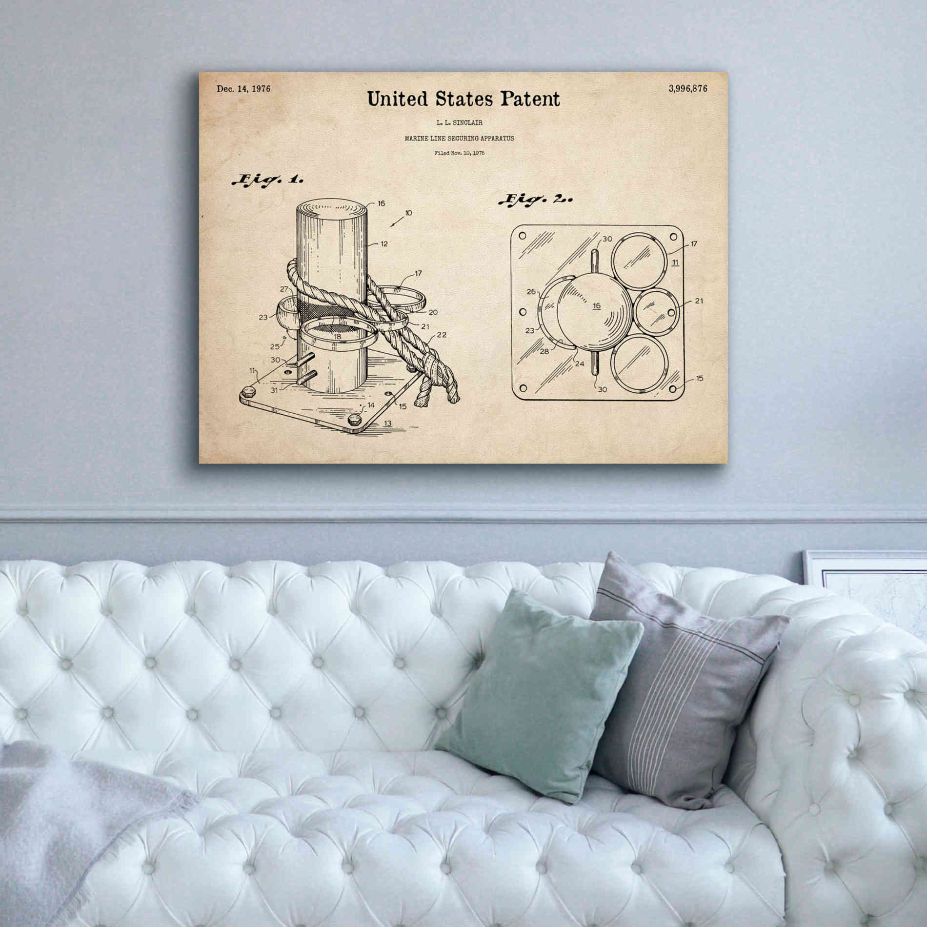 'Marine Line Secure Device Blueprint Patent Parchment,' Canvas Wall Art,54 x 40