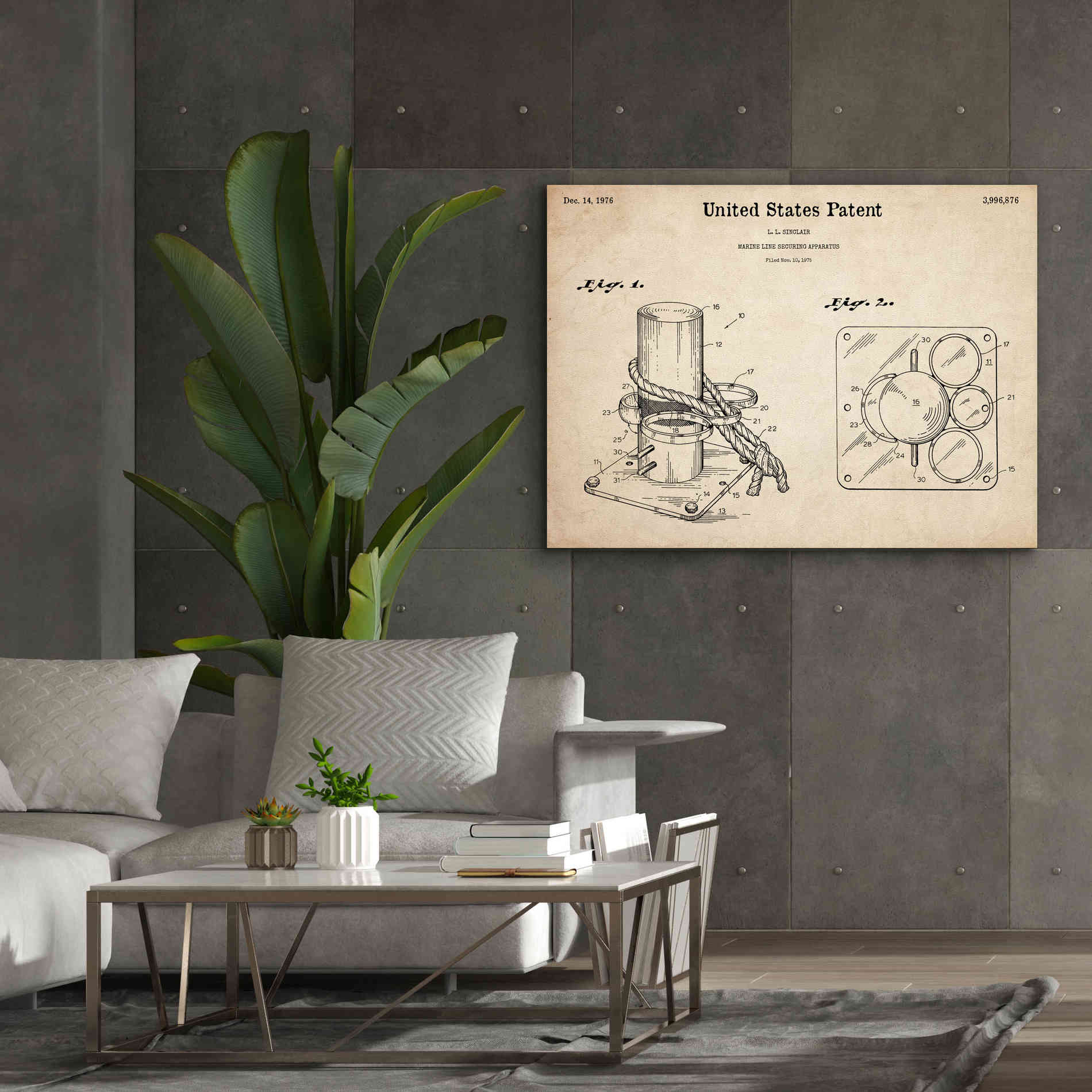 'Marine Line Secure Device Blueprint Patent Parchment,' Canvas Wall Art,54 x 40