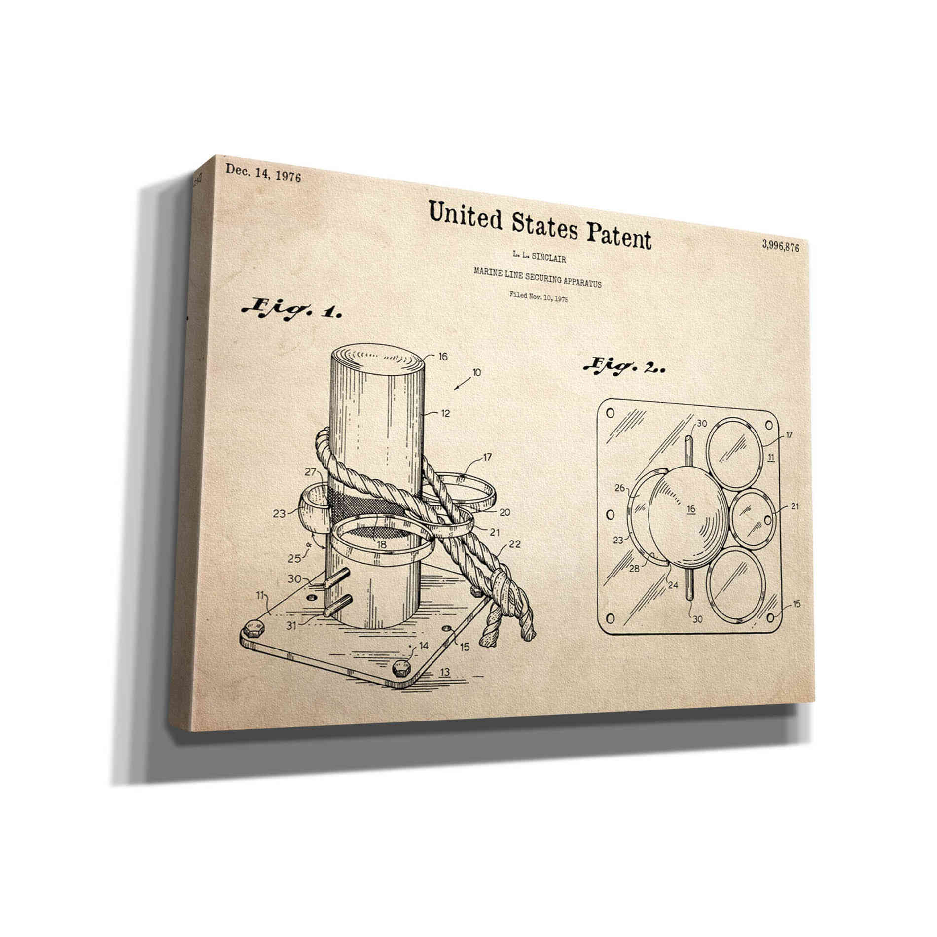 'Marine Line Secure Device Blueprint Patent Parchment,' Canvas Wall Art,16x12x1.1x0,26x18x1.1x0,34x26x1.74x0,54x40x1.74x0