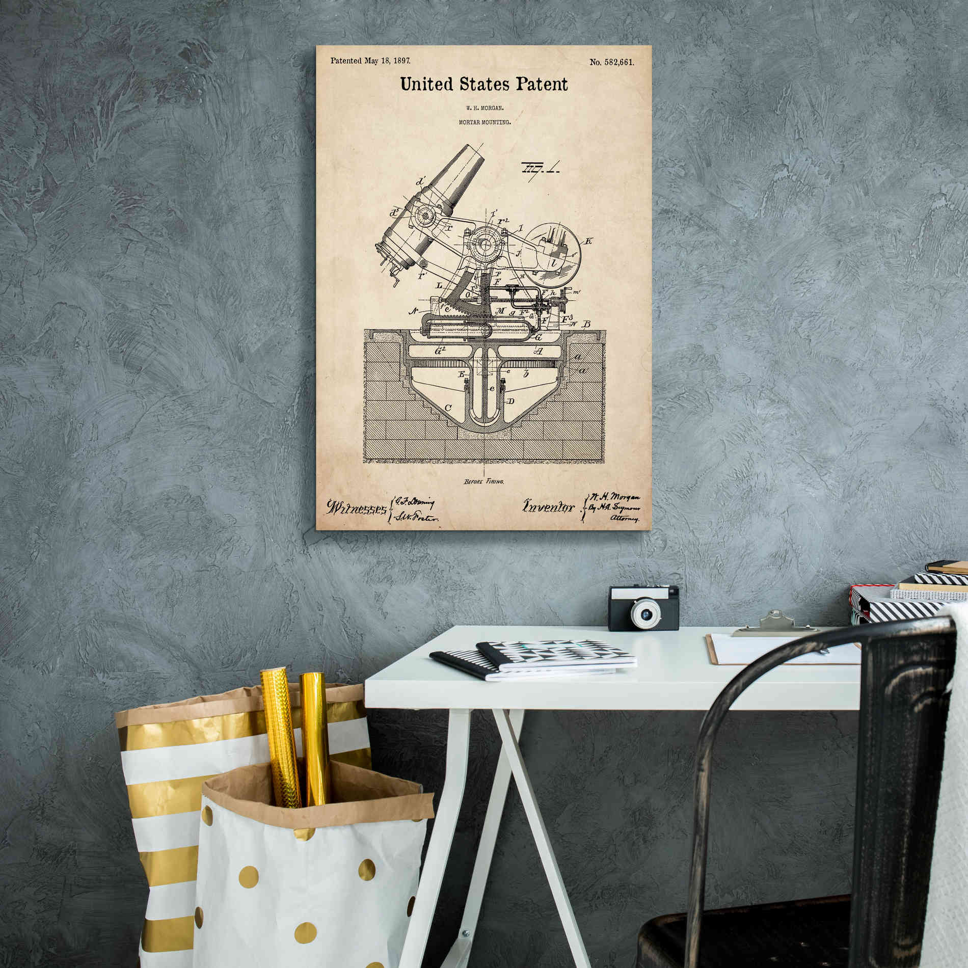 'Mortar Mounting Blueprint Patent Parchment,' Canvas Wall Art,18 x 26