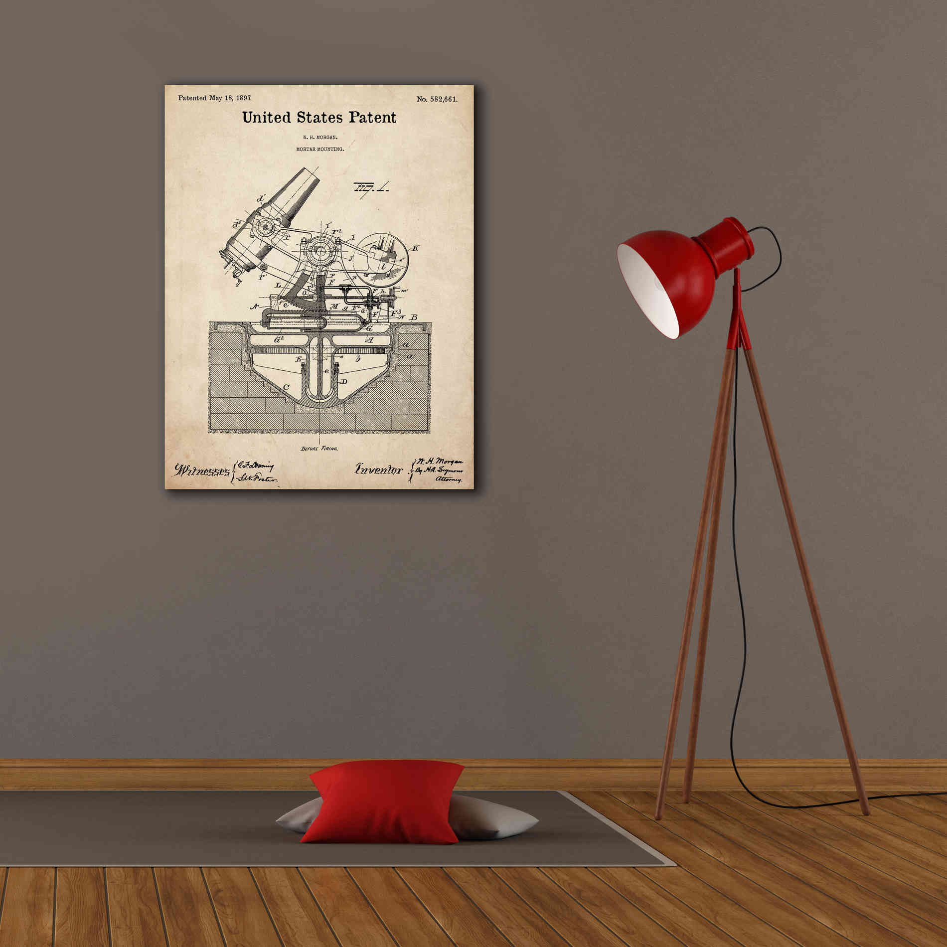 'Mortar Mounting Blueprint Patent Parchment,' Canvas Wall Art,26 x 34