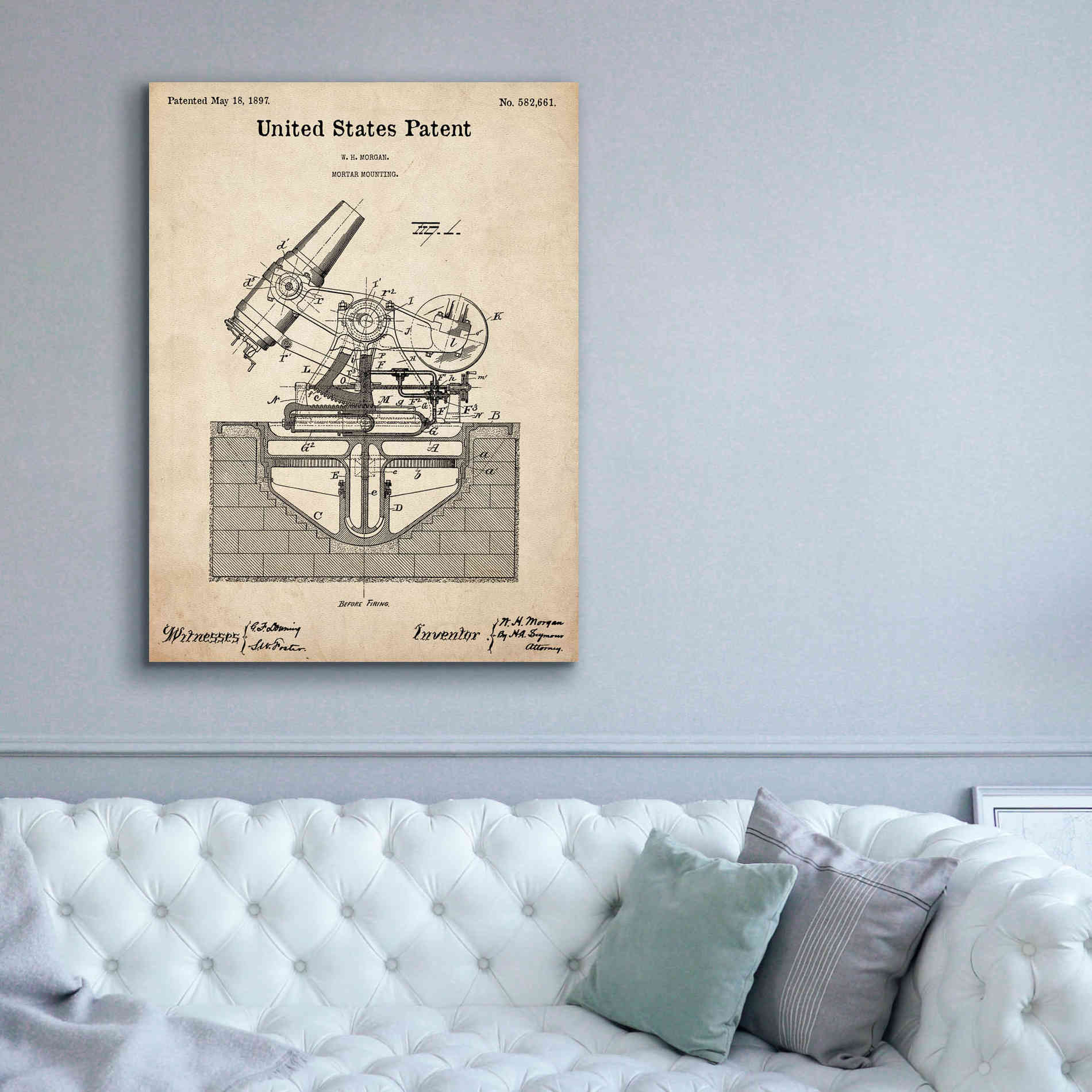 'Mortar Mounting Blueprint Patent Parchment,' Canvas Wall Art,40 x 54