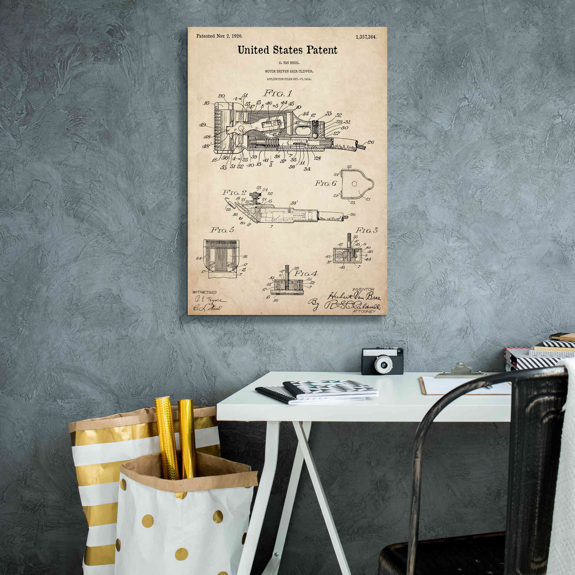 'Motor Hair Clipper Blueprint Patent Parchment,' Canvas Wall Art,18 x 26