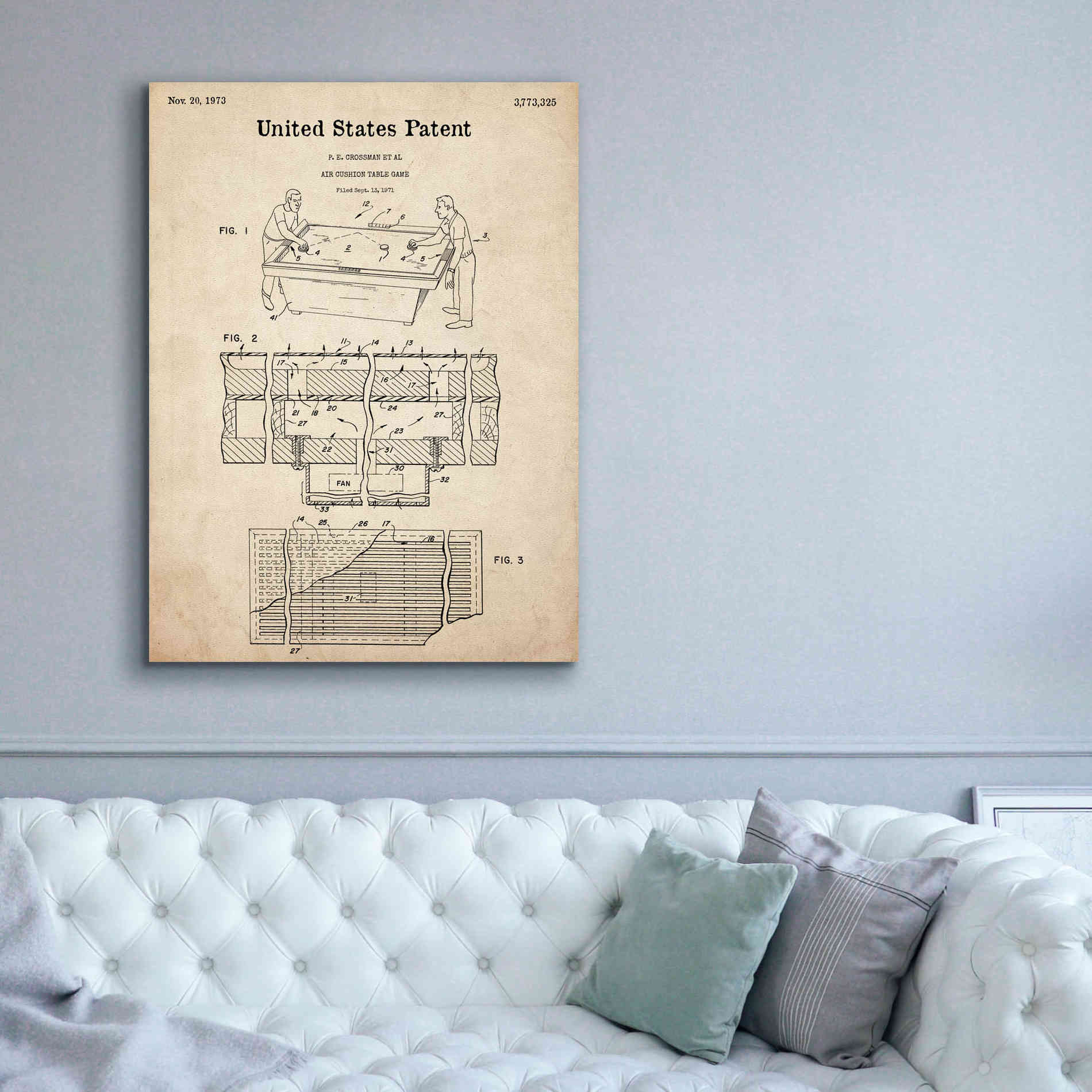'Air Hockey Blueprint Patent Parchment,' Canvas Wall Art,40 x 54