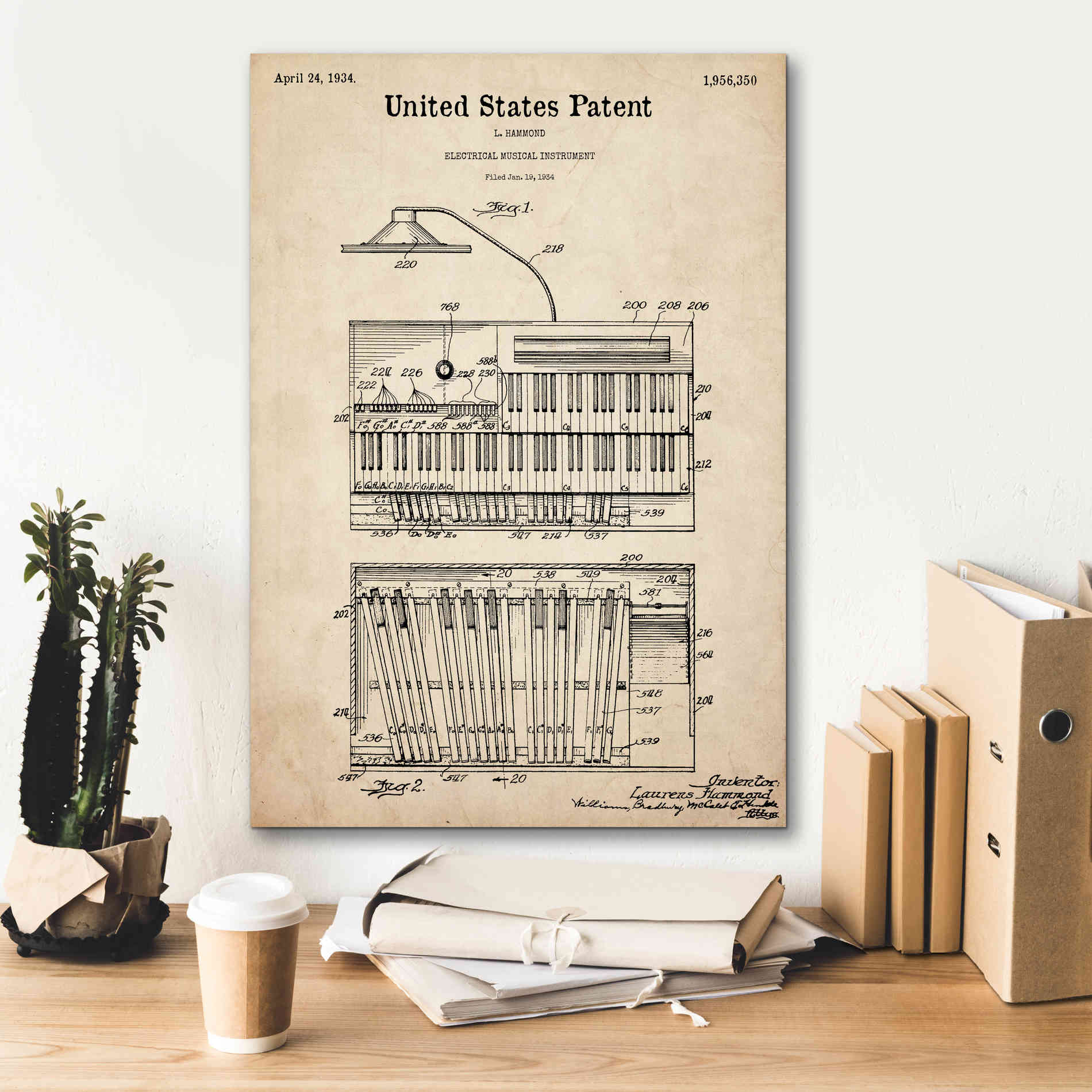 'Keyboard Instrument Blueprint Patent Parchment,' Canvas Wall Art,18 x 26