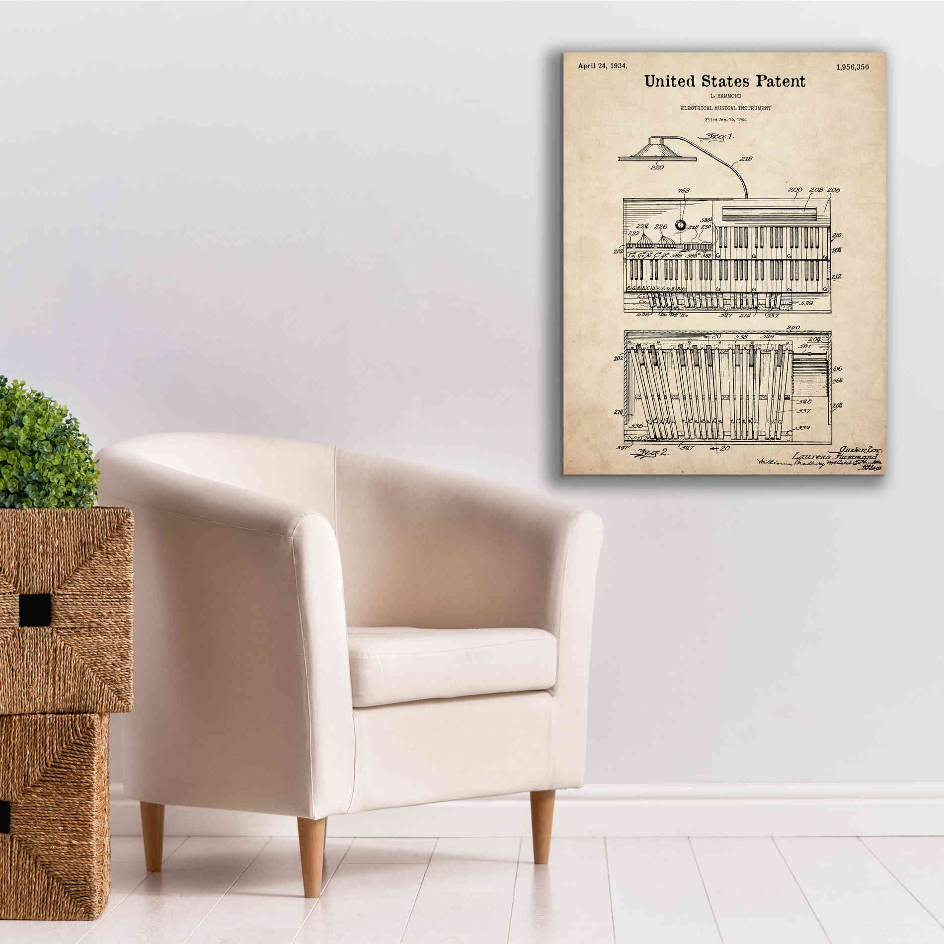 'Keyboard Instrument Blueprint Patent Parchment,' Canvas Wall Art,26 x 34
