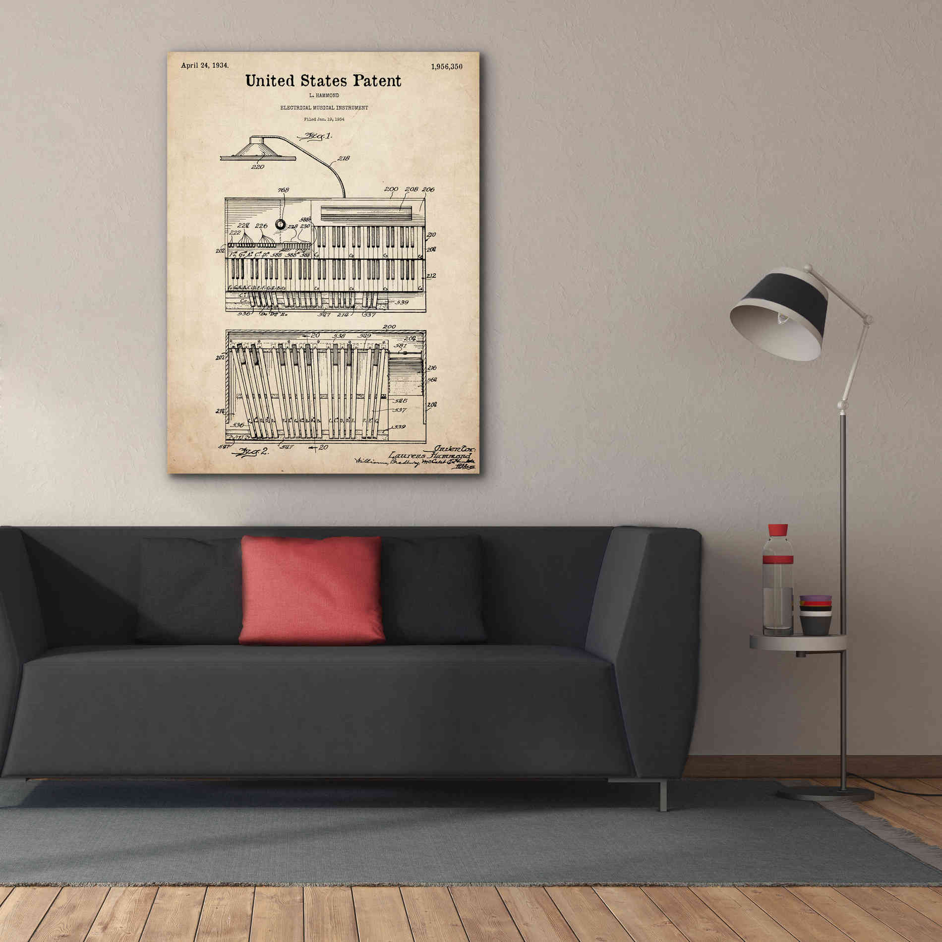 'Keyboard Instrument Blueprint Patent Parchment,' Canvas Wall Art,40 x 54