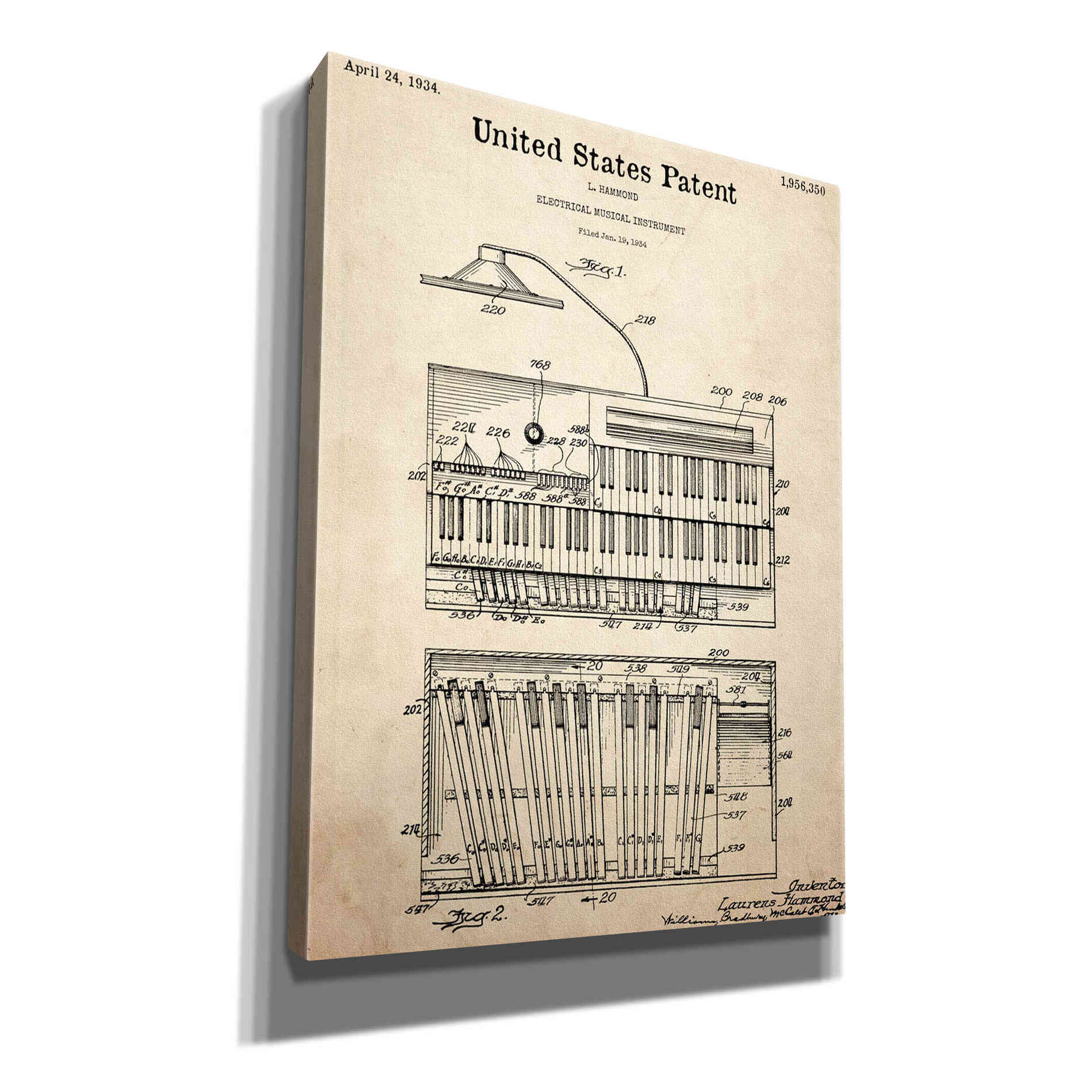 'Keyboard Instrument Blueprint Patent Parchment,' Canvas Wall Art,12x16x1.1x0,18x26x1.1x0,26x34x1.74x0,40x54x1.74x0